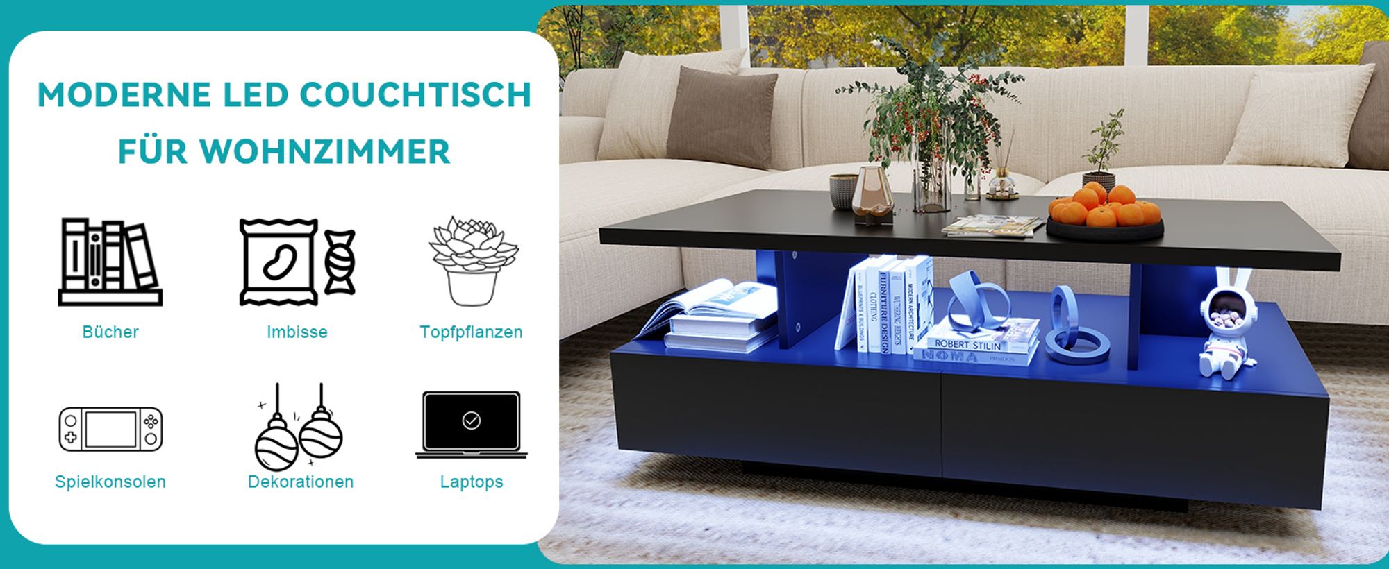 Puluomis Couchtisch mit Schublade, RGB Lichtleiste mit App Steuerung, Fernbedienung, Kaffeetisch Wohnzimmertisch Sofatisch für Wohnzimmer, schwarz