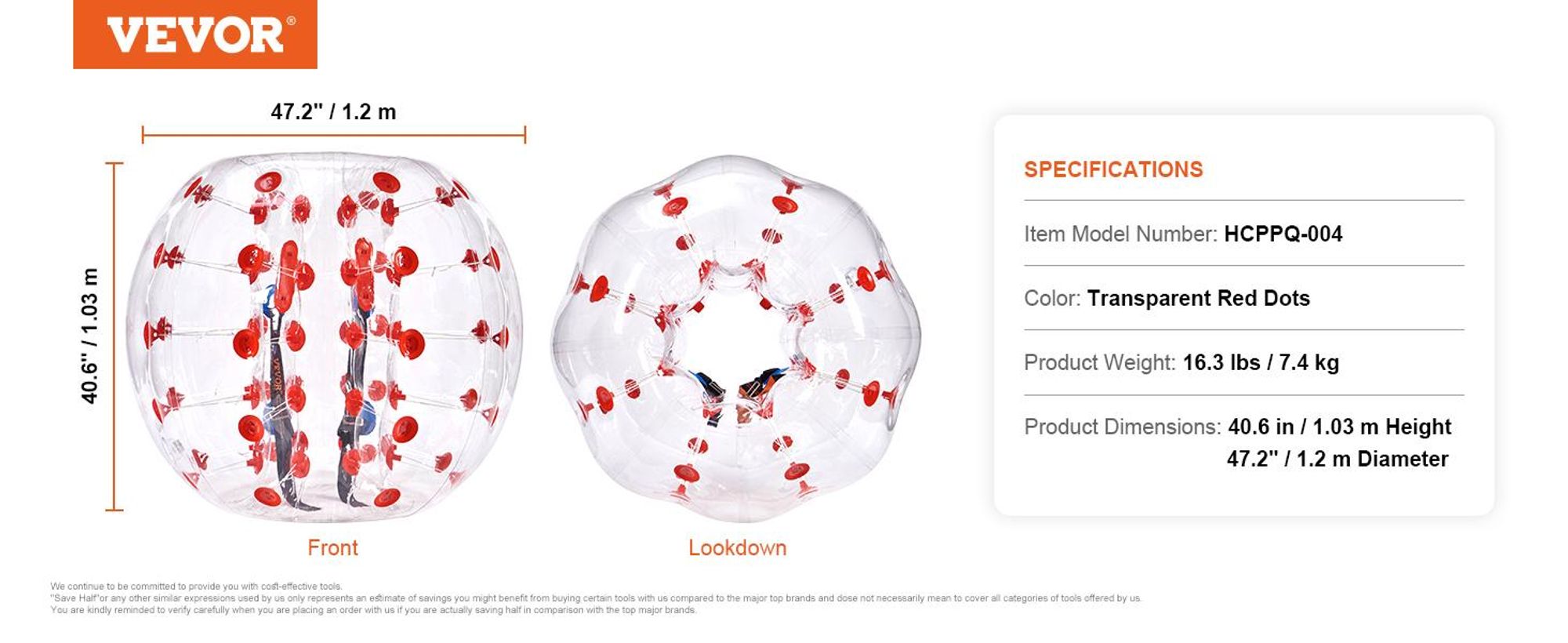 VEVOR Aufblasbare Bumper Balls 2er-Pack, 4FT/1.2M Körper Sumo Zorb Bälle für Teenager & Erwachsene, 0.8mm dicke PVC Menschliche Hamster Bubble Bälle für Outdoor-Teamspiel, Bumper Bopper Spielzeuge für Garten, Hof, Park, 1 Stk-Rote Pünktchen