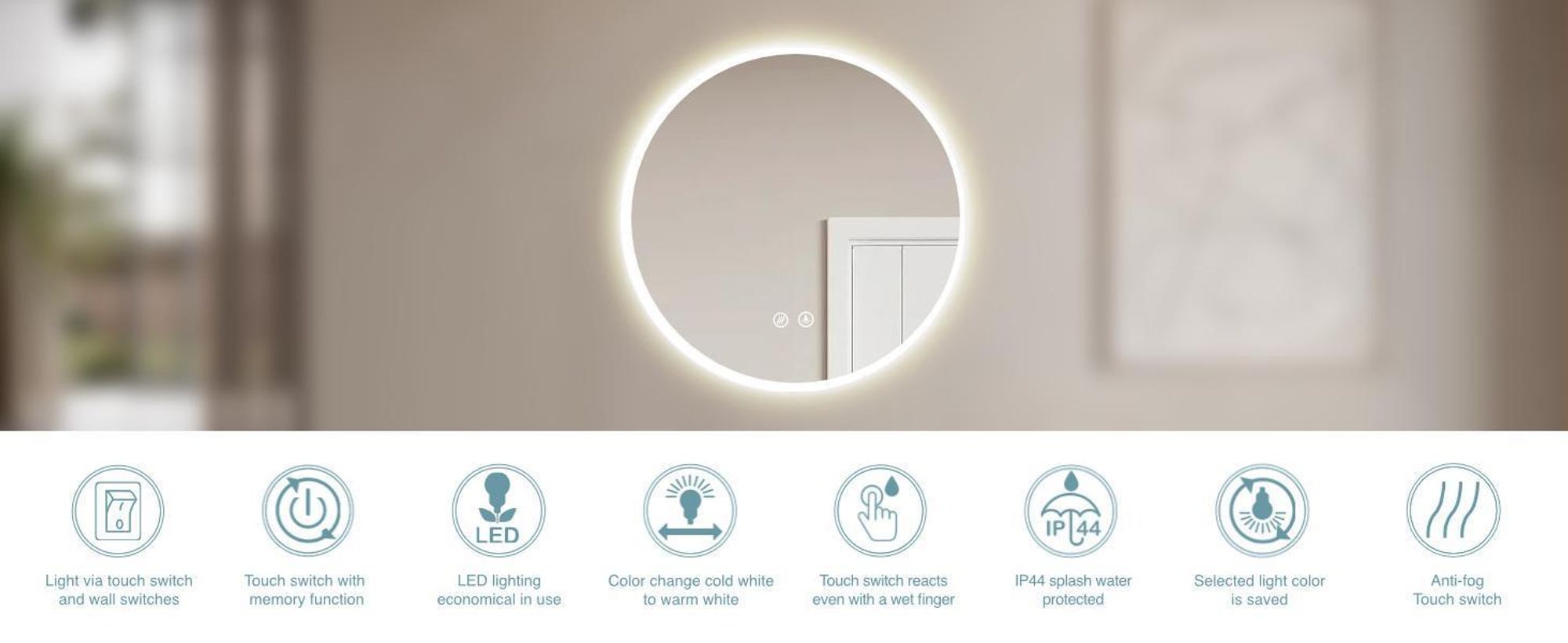 HOKO Miroir de salle de bain LED anti-buée rond 80cm+LED alternance blanc chaud/blanc froid/neutre 2700-6500K. Lumière allumable par interrupteur tactile/interrupteur mural. Fribourg