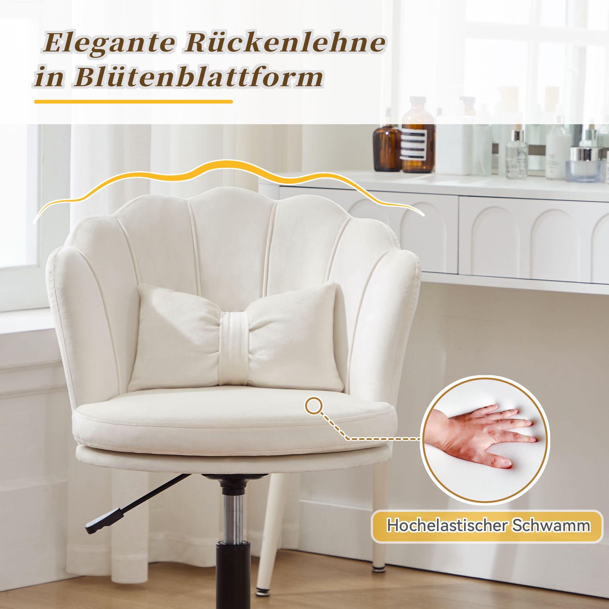 Flieks Bürostuhl ergonomisch, Stuhl drehbar Schminktisch, Schminkstuhl ohne Armlehne, Schreibtischstuh mit Blütenblatt-Rückenlehne, Beige