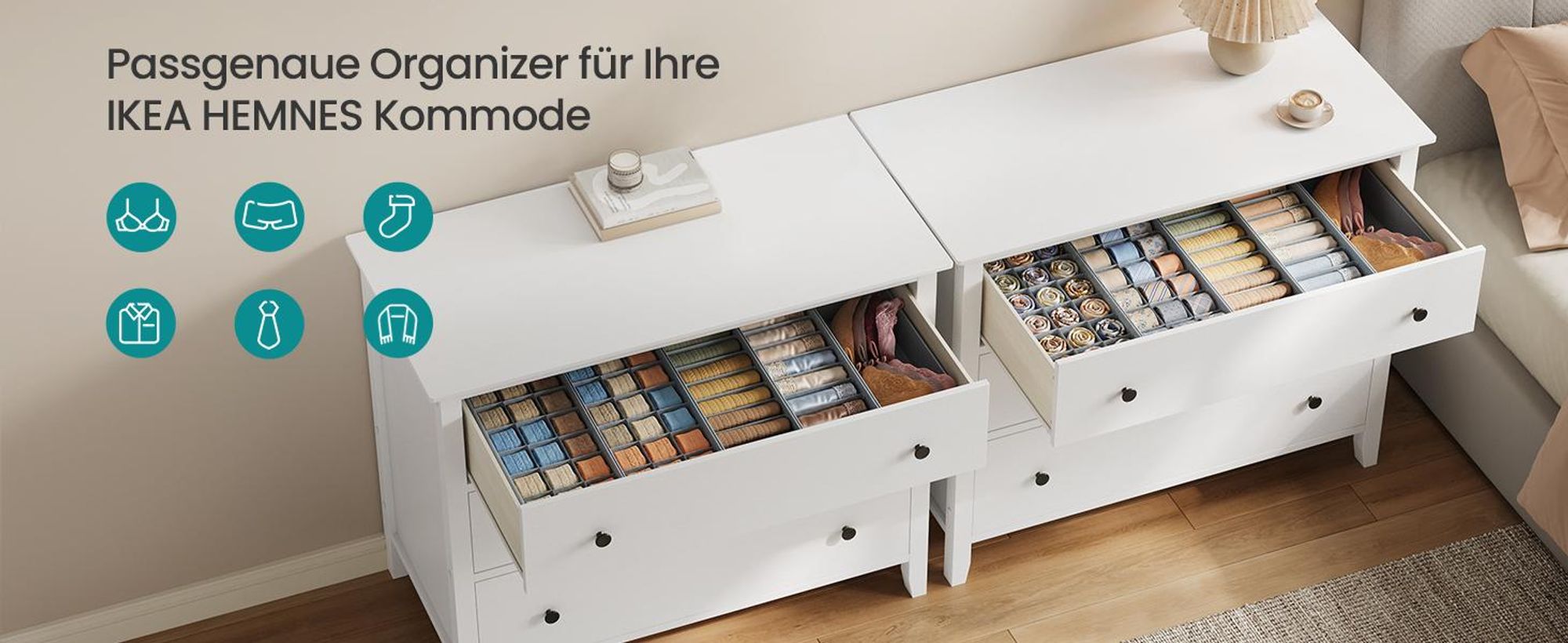 SONGMICS 5er Set Schubladen-Organizer, Faltbare Aufbewahrungsboxen für Unterwäsche, 19 x 40 x 10 cm / 15 x 40 x 10 cm, Grau