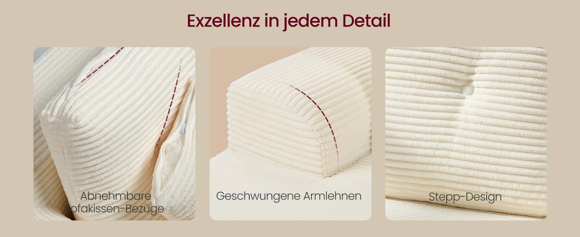 VASAGLE U-Form Sofa 6-Sitzer Modulares Cord Sofa mit Kissen 336 x 154 x 89 cm Weiß