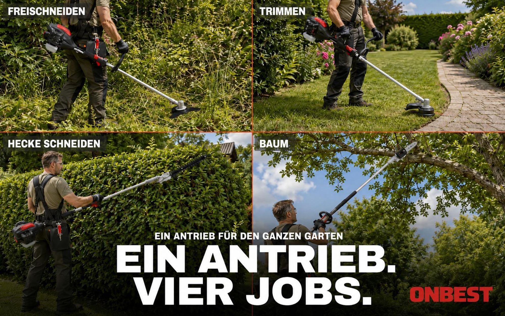 ONBEST MT1452 Multitool Benzin | 4in1 | bis 4,5m | 52cm³ | 1,9 PS | 10000 U/min | Freischneider | Heckenschere | Hochentaster | Rasentrimmer