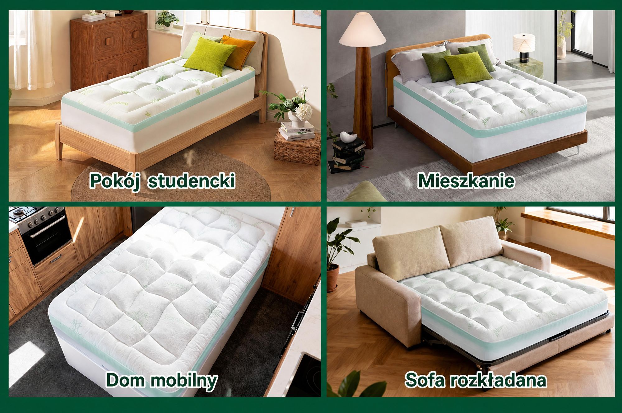 NicePlus, materac kieszeniowy 2 w 1, 90x200x7 cm, pianka termoelastyczna z podkładką z bambusa, z gumkami narożnymi pasującymi do wszystkich materacy, twardość H2/H3, kolor zielony