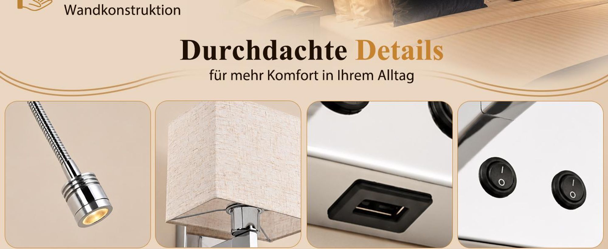 ZMH Lampada da parete a LED, con porta USB, 2W, lampada da lettura moderna, illuminazione da parete con paralume in tessuto, attacco E27, interruttore, lampada da comodino per camera da letto, hotel