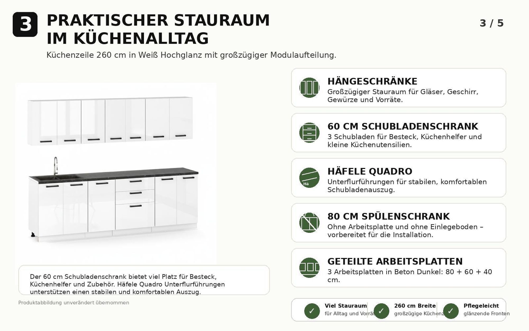 Maße der Küchenzeile 260 cm mit Modulen 80, 40, 60 und 80 cm im Überblick.