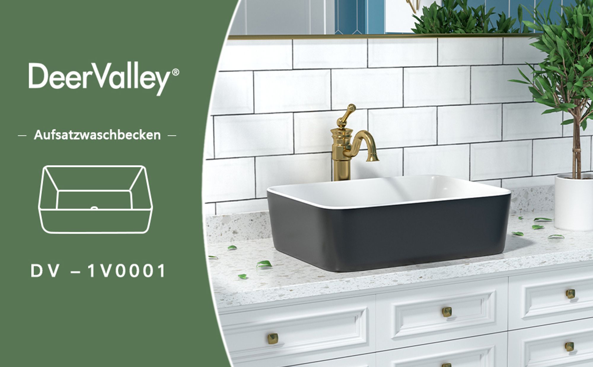 DeerValley DV-1V0001 Badezimmer-Waschbecken 48cm x 37cm Aufsatz-Waschbecken Rechteckiges Keramik-Waschbecken Schwarz und Weiß