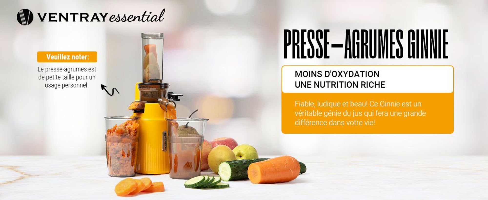 Ventray Essential Ginnie - Centrifugeuse à pression à froid, Slow Juicer Compact & Silencieux (60 tr/min, ouverture de remplissage de 45mm), sans BPA, 400ml, Nettoyage facile