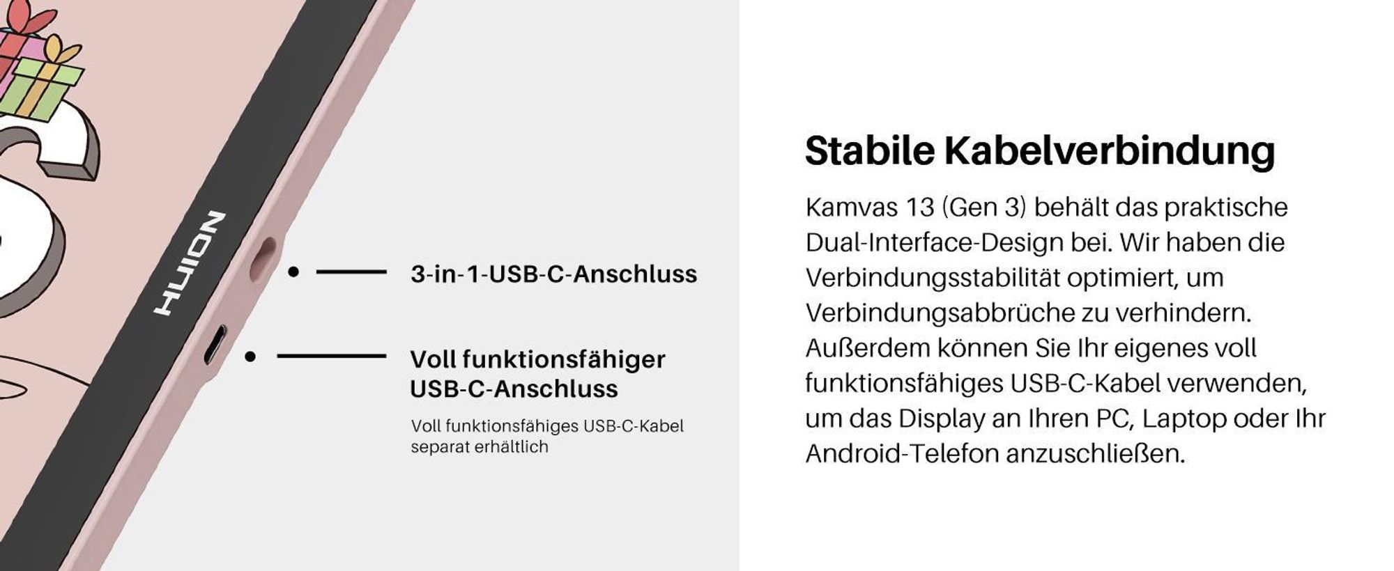 HUION Kamvas 13 (Gen 3) Grafiktablett mit Display, 13,3-Zoll-Zeichenmonitor aus Canvas-Glas, 99 % sRGB-Abdeckung, neues PenTech 4.0, 16384 Stiftdruck