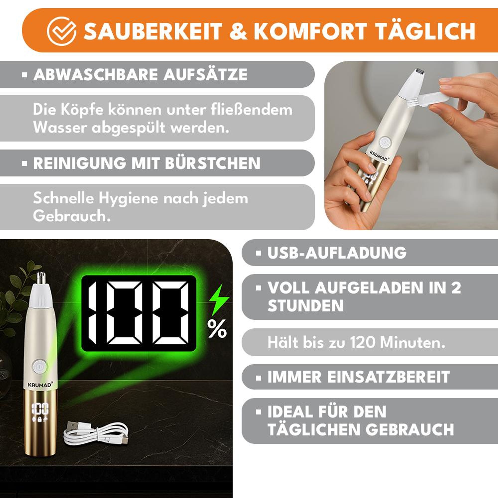 KRUMAD Nasenhaartrimmer Herren 3-in-1 – Wiederaufladbarer Präzisionstrimmer mit Digitalanzeige, 7000 U/min, USB-C – Für Nase, Ohren & Augenbrauen