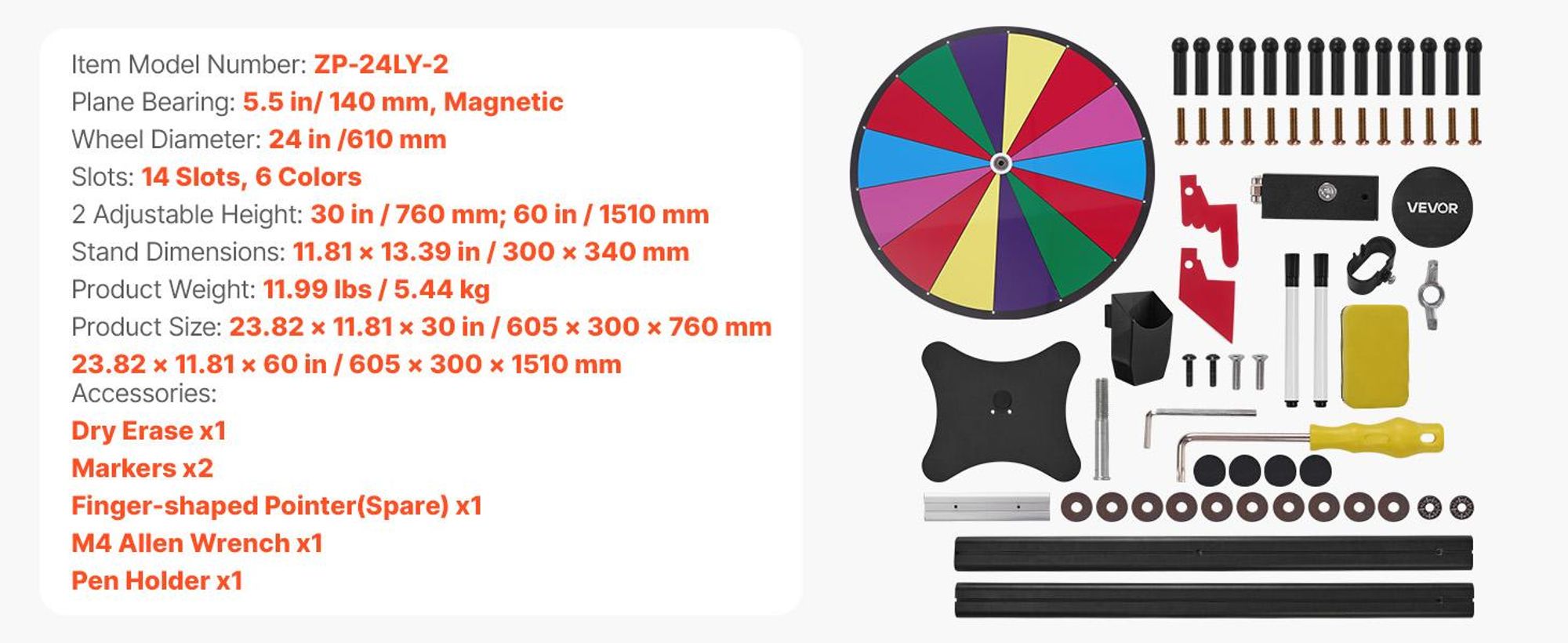 VEVOR 610 mm Drehpreisrad, 14 Slots Drehrad mit Ständer, höhenverstellbares Gewinnroulette mit einem abwischbaren Stift und 2 Markern, 6 Farben, einfache Montage, für Party, Pub, Messe, Karneval, 14, 610 mm