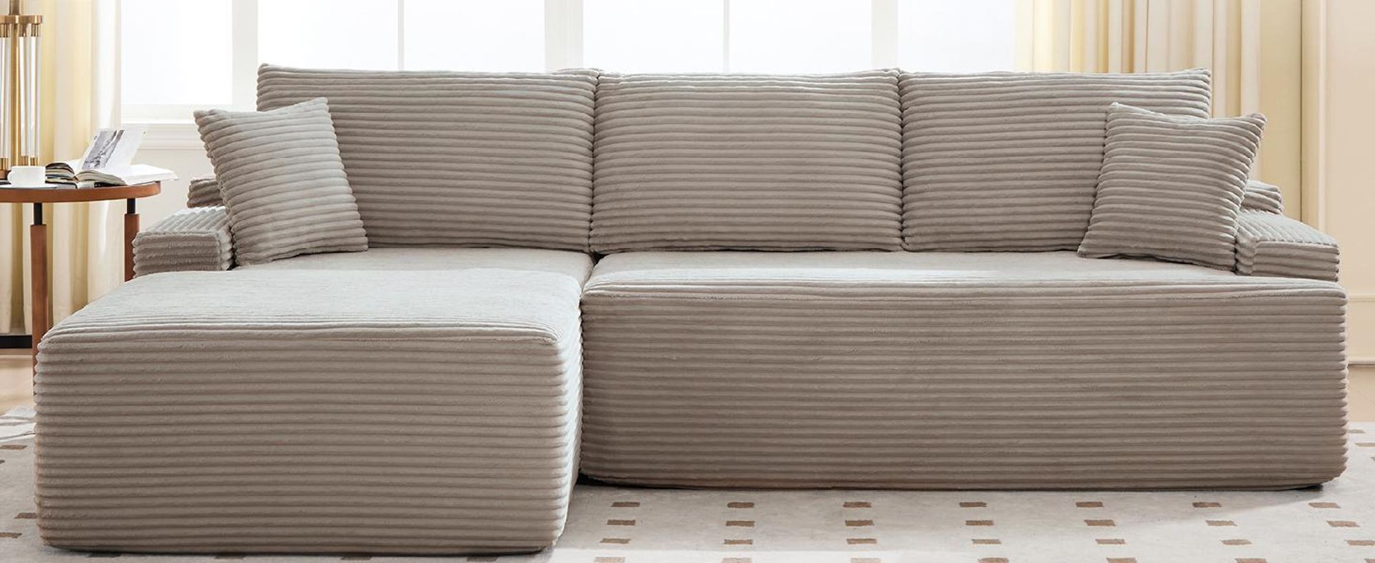 Juskys Sofa Coredo - Taupe, moderne Couch aus Cord mit Kissen, Ottomane links
