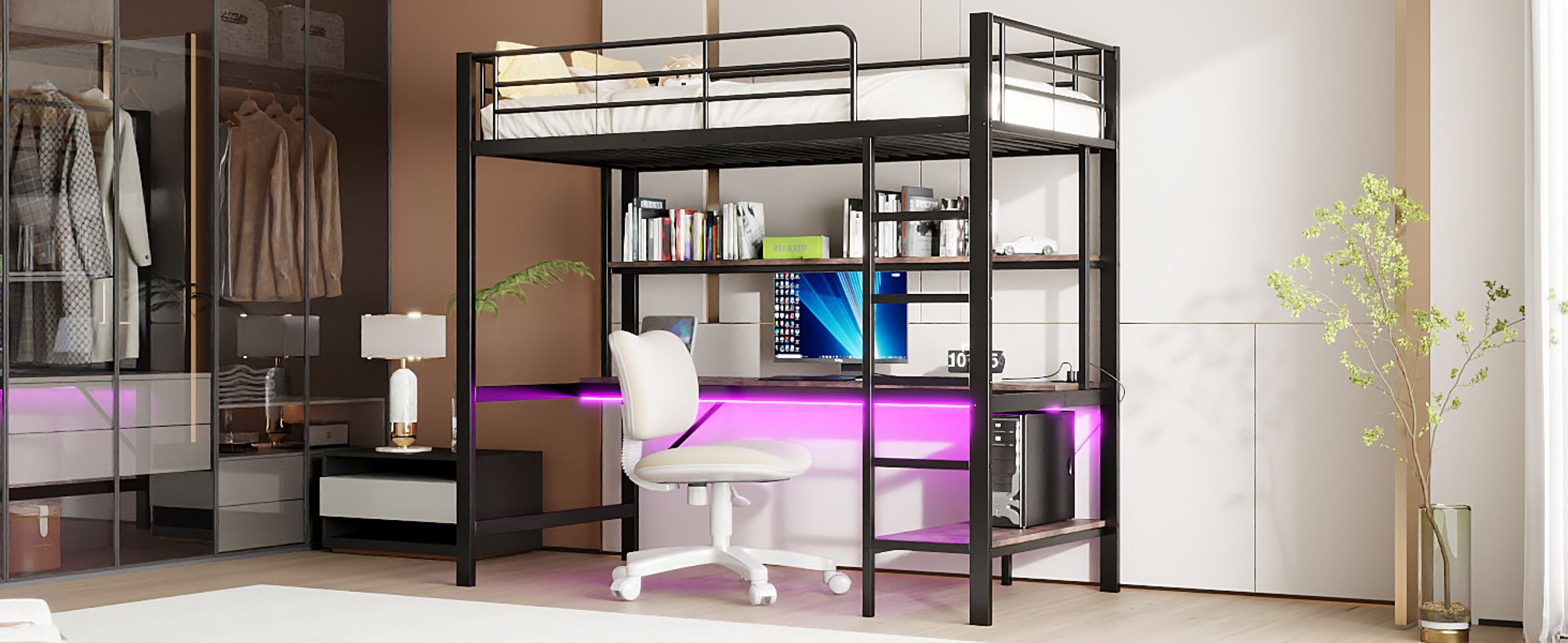 MODFU Hochbett 90x 200 Jugendbett mit LED-Leuchten&Schreibtisch,mit USB- und Stromanschluss,Einzelbett ohne Matratze,Schwarz