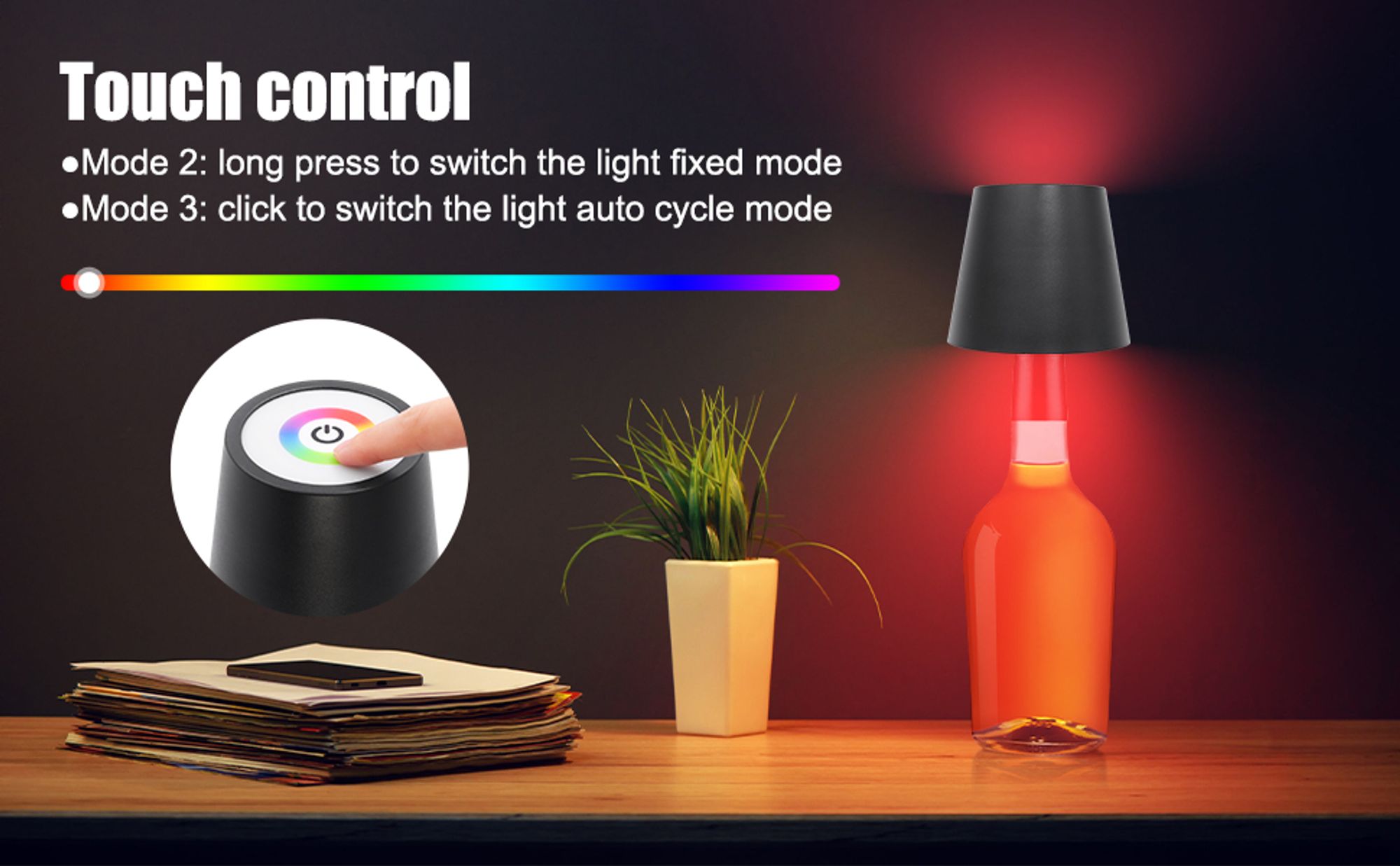 Tragbare kabellose Weinflaschenlampe, RGB-Modus einstellbar, LED-Schreibtischlampe, kabellose dimmbare LED-Tischleuchte, USB wiederaufladbar, schwarz