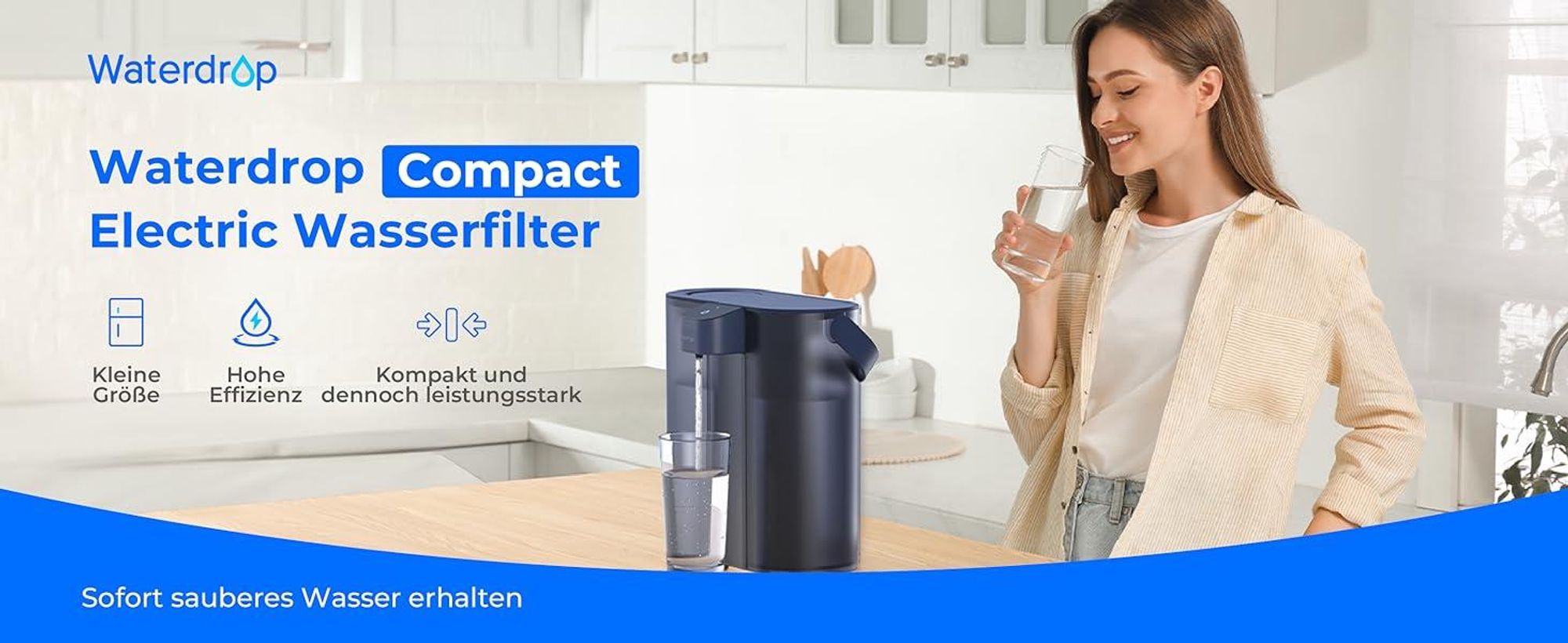 Waterdrop Eletric Wasserfilter Krug für Kühlschrank mit 3 Filter, Countertop Wasserfilter System, 757 Liter, Blau, WD-ED02B