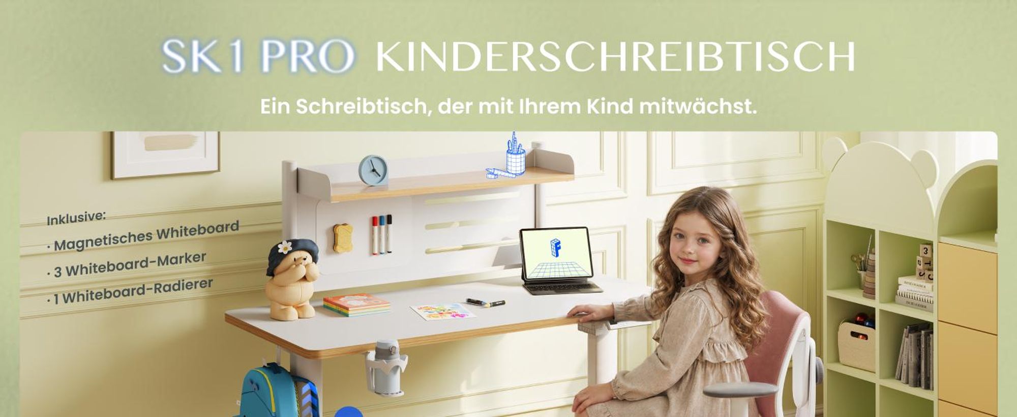 FLEXISPOT Kinderschreibtisch mit Kinderstuhl, elektrisch höhenverstellbar, mit LED-Anzeige, 3 Speicherhöhen, magnetischem Whiteboard, 110×52 cm