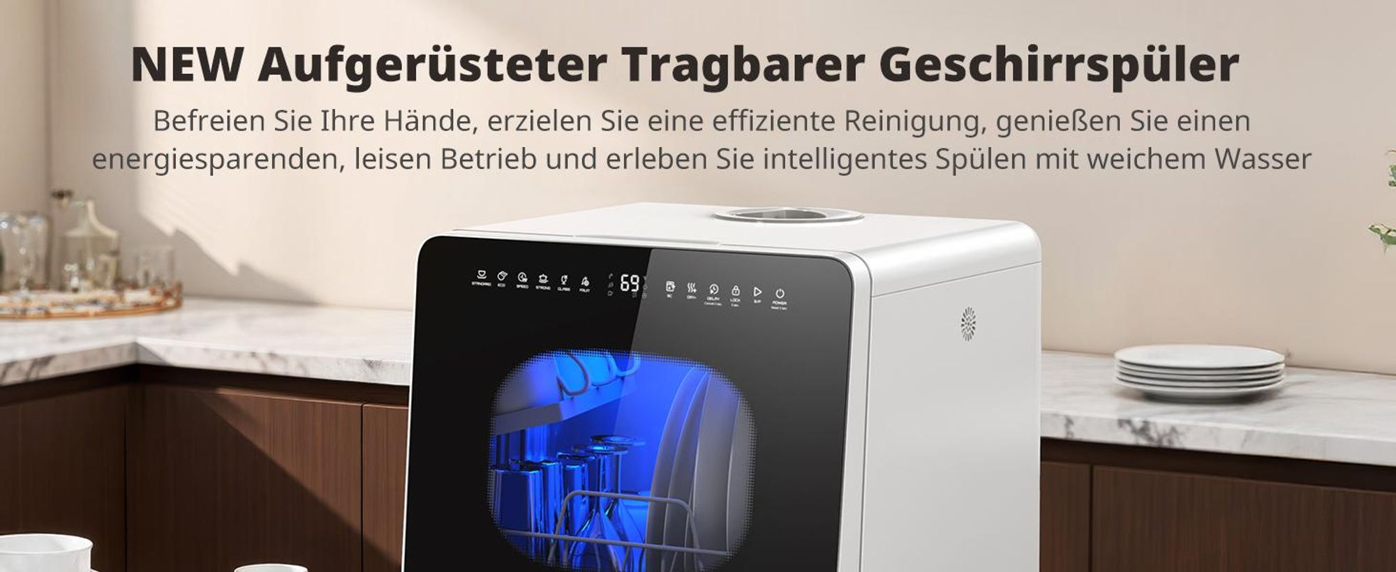 AIRMSEN Mini Geschirrspüler freistehend, Geschirrspülmaschine mit mit 8+3 Programe für 4 Gedecke, funktioniert mit/ohne Wasseranschluss, Schwarz