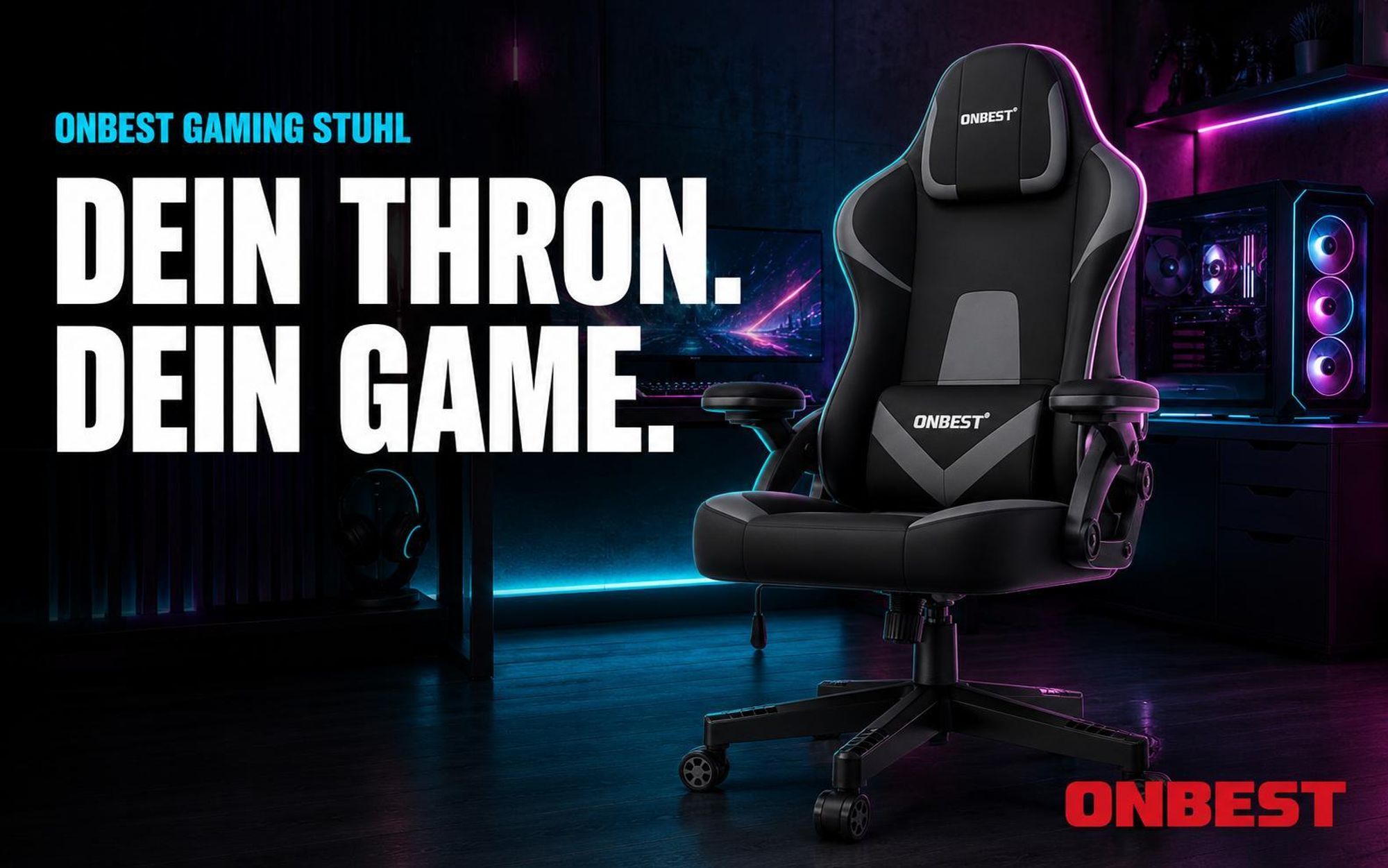 ONBEST Gaming Stuhl | Ergonomisch | mit Lordosenkissen | 150 kg | 360° | verstellbare Armlehnen Kopfstütze Rückenlehne