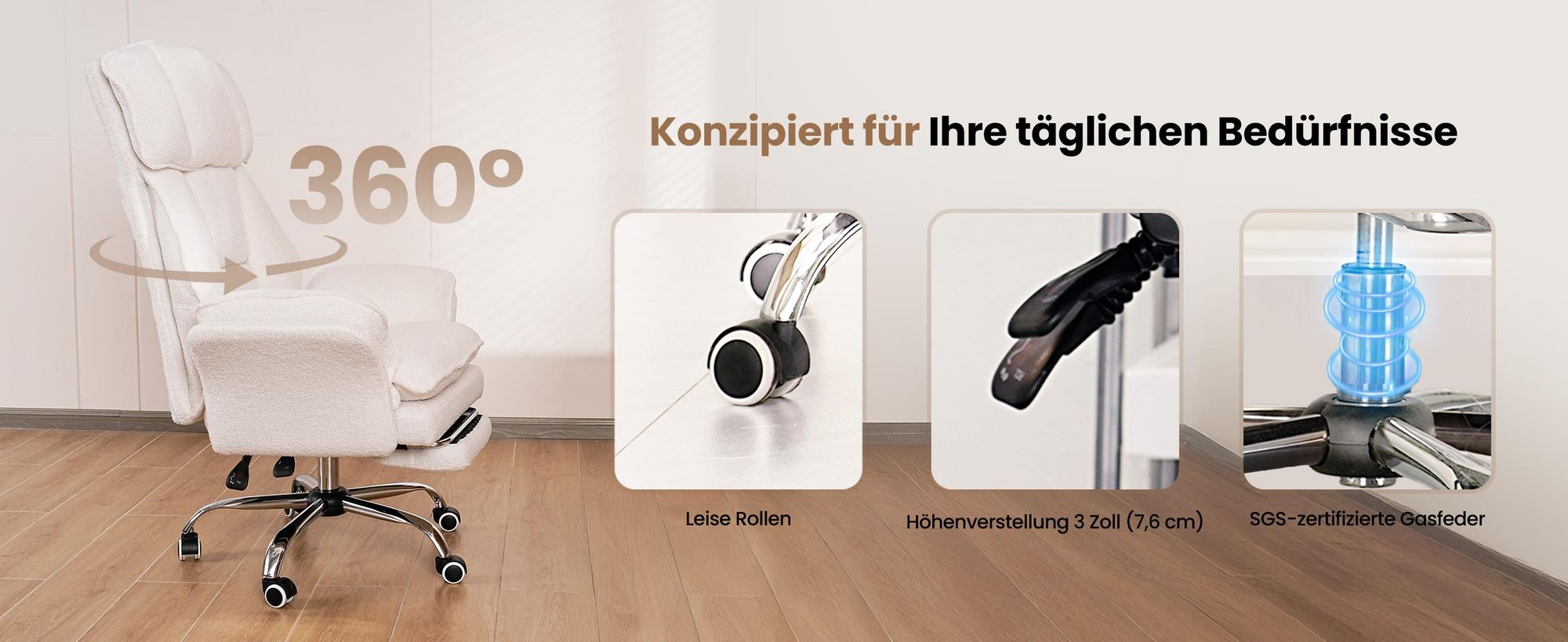 Drehstuhl Bürostuhl Ergonomisch mit klappbaren Armlehnen, Gaming Stuhl mit Fußstütze & 135° Verstellbarer Rückenlehne, Weiß -Teddy-Fleece-Stoff
