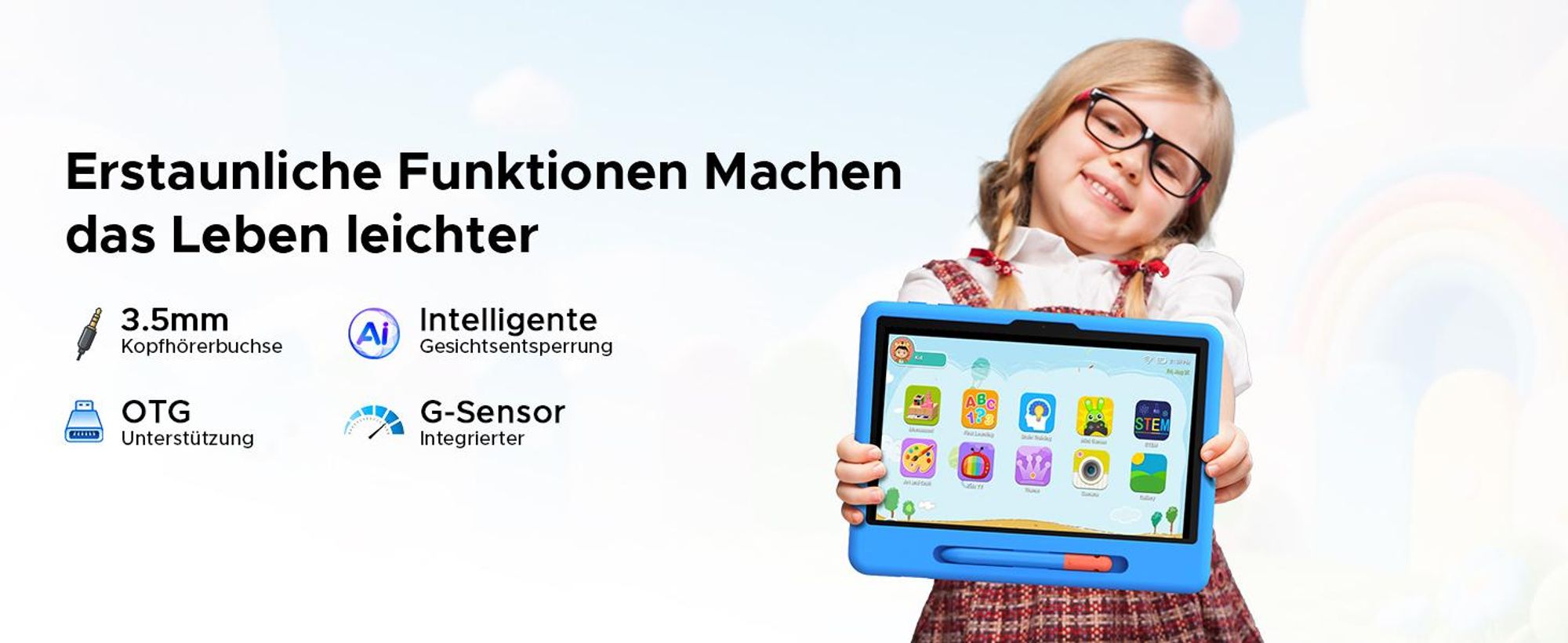 POCKAM P10 Kids 10.1" Tablet, Gemini AI, Android 16, 32(6+26)GB RAM+64GB ROM/TF 2TB, 7000mAh, WiFi Tablet für Kind mit Kindgerechte Hülle und Stift