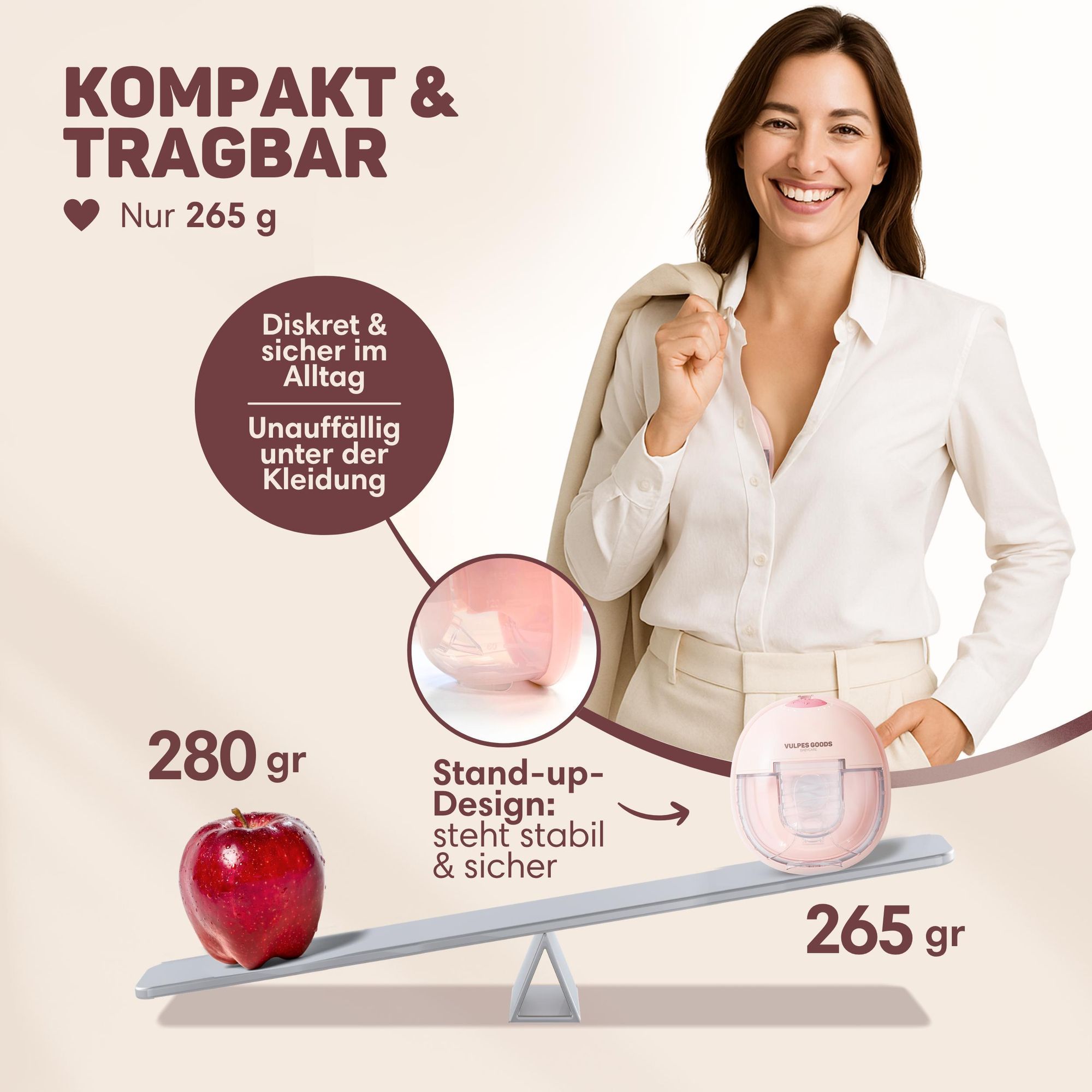 Vulpes Goods Milchpumpe, Intelligente-app, Hygienisch, Kabellos, Heizkörper, Aufbewahrungstasche, Inklusive Muttermilch-Aufbewahrungsbeutel