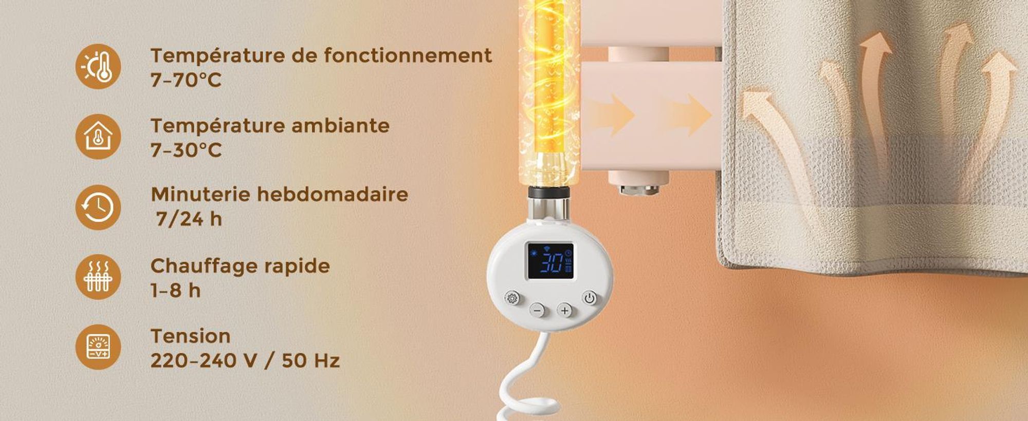 S'AFIELINA thermoplongeur avec thermostat 900W, minuterie programmable & affichage LCD, WiFi, pour radiateur de salle de bain, acier inoxydable, contrôle intelligent, blanc