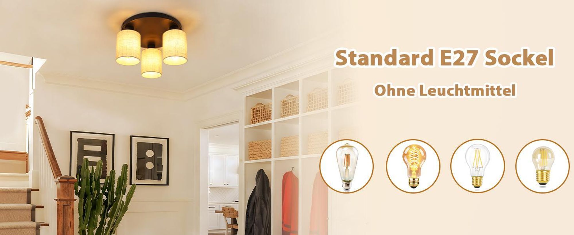 ZMH Deckenlampe Wohnzimmer Deckenleuchte Schwarz Schlafzimmerlampe Rund Flurlampe Vintage E27 3 Flammig Stoffschirm Rustikal Küche Ohne Leuchtmittel