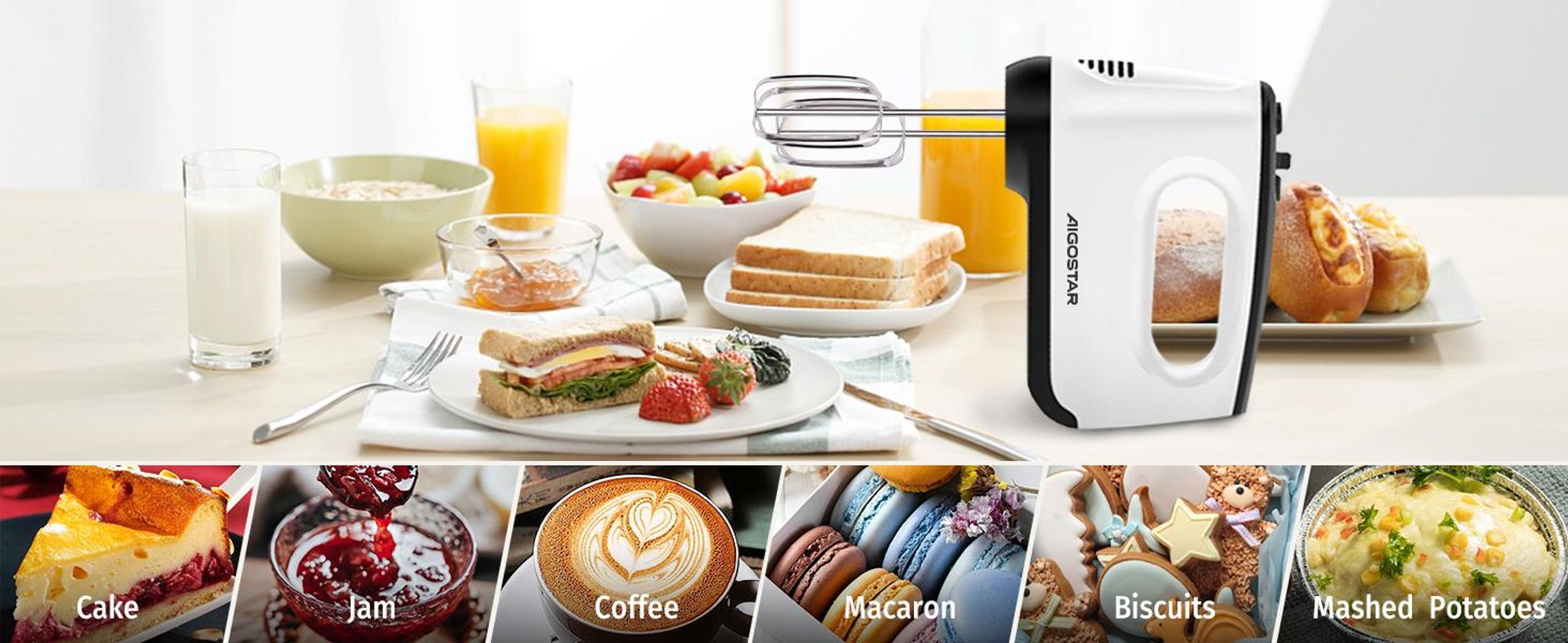 Aigostar Pudding- Handrührgerät, 6 Geschwindigkeiten Handmixer, 400W Ultra Power, Turbolader. Ausgestattet mit 2 Schneebesen, 2 Knethaken, Schneebesen und Aufbewahrungsbox, Zubehör spülmaschinenfest.