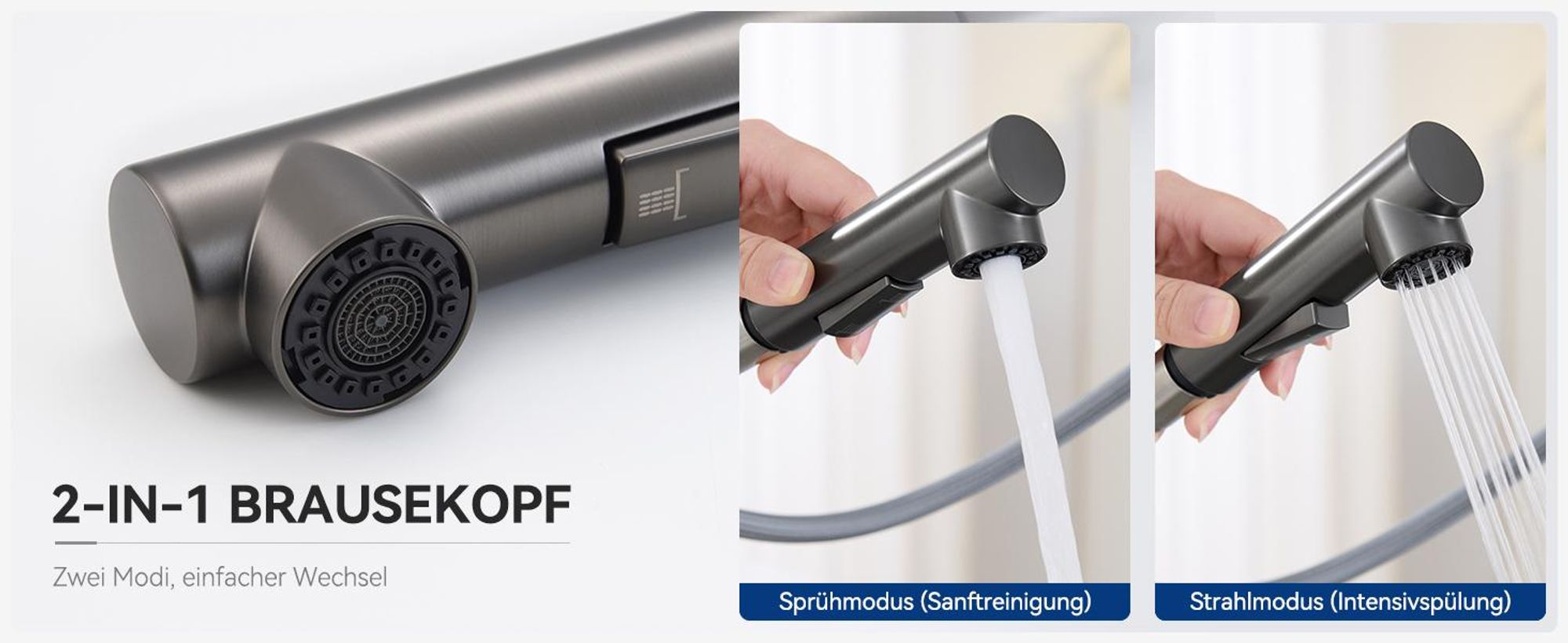 Küchenarmatur Edelstahl 304 graphitgrau L-Form 400mm Ausziehbares 360° drehbar 2 Wassermodi 1 Million Zyklen (SOFETIY)