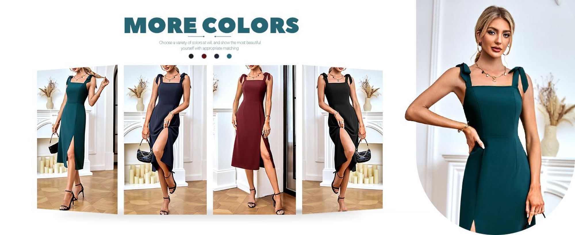 Elegantes, mittellanges Abendkleid für Damen mit eckigem Ausschnitt und Schlitz