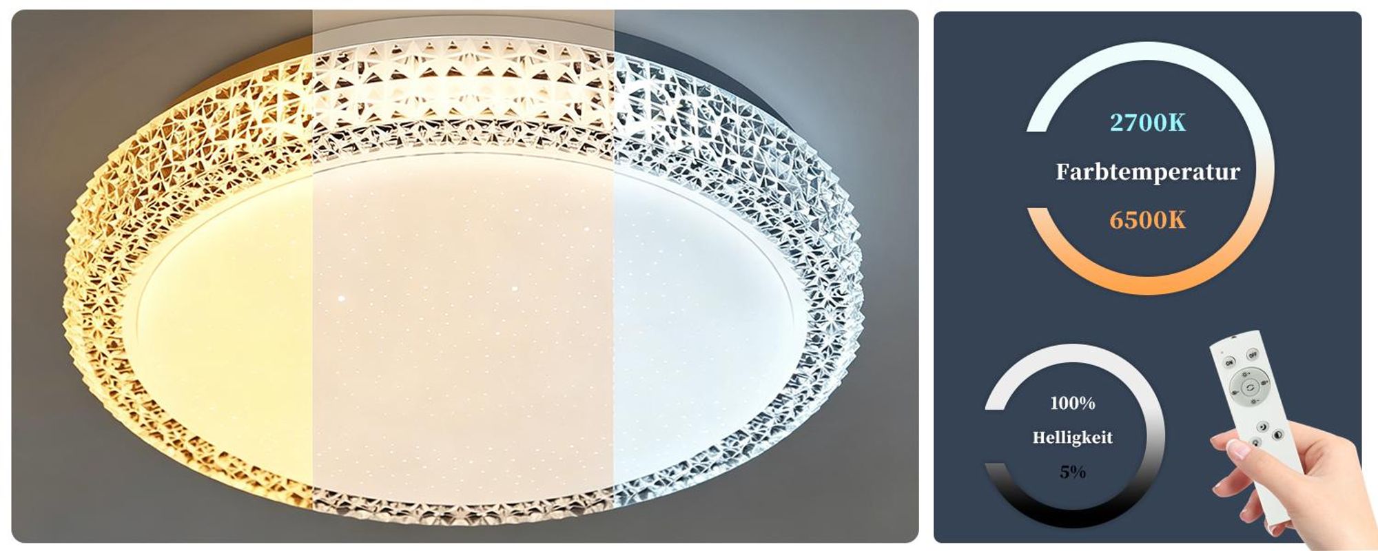 ZMH LED Plafonnier Dimmable CCT Ciel étoilé avec télécommande Plafonnier Rond Cristal 18W 30CM Pour Salon Chambre à coucher
