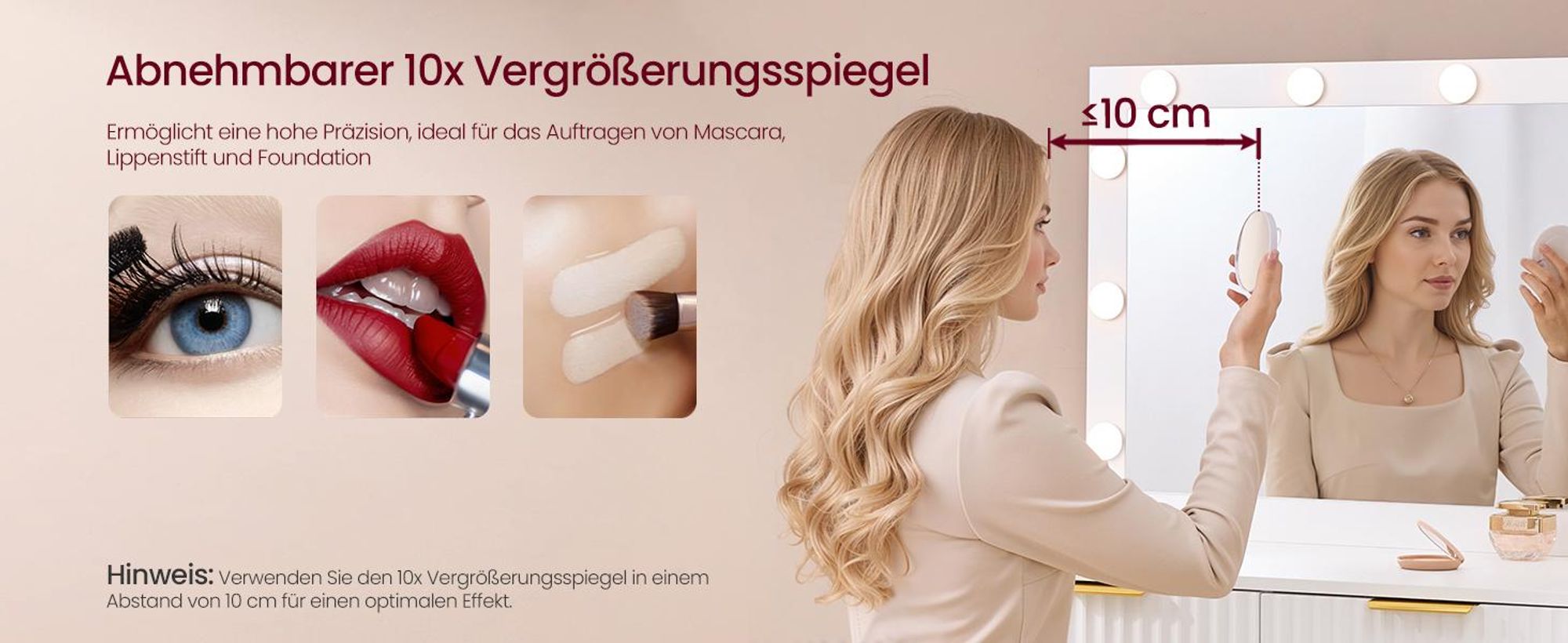 VASAGLE Schminktisch mit 10x Vergrößerungsspiegel, LED-Leuchten, Schmucktablett, Ladestation
