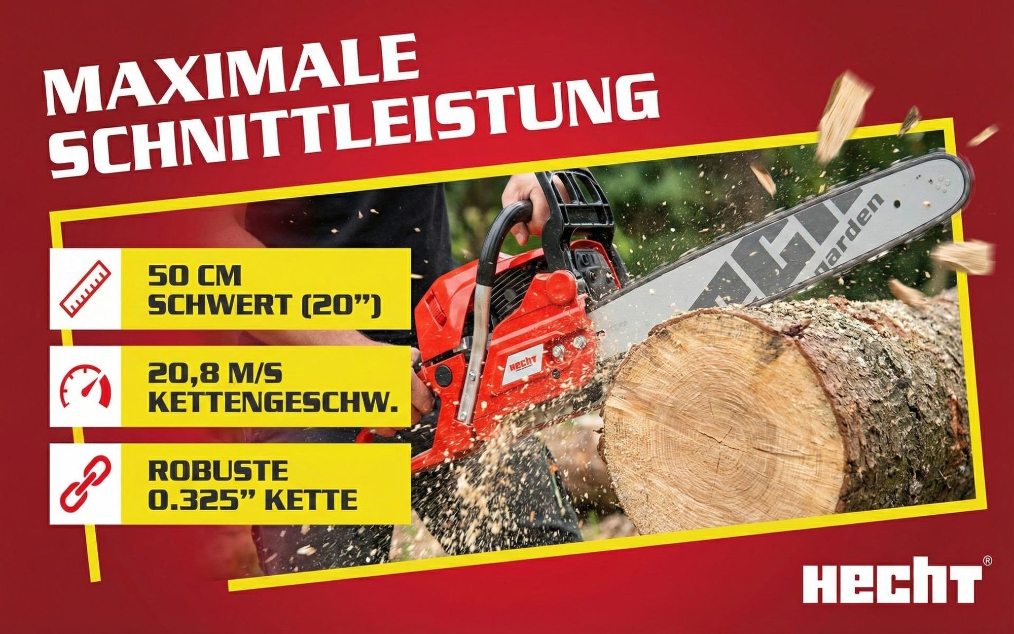 Kettensäge Motorsäge Benzin HECHT 62 | 45cm Schwert 40cm Schnitt Länge | 2,9kW / 4PS | S20,8 m/s | Baumkralle & Umlenkstern