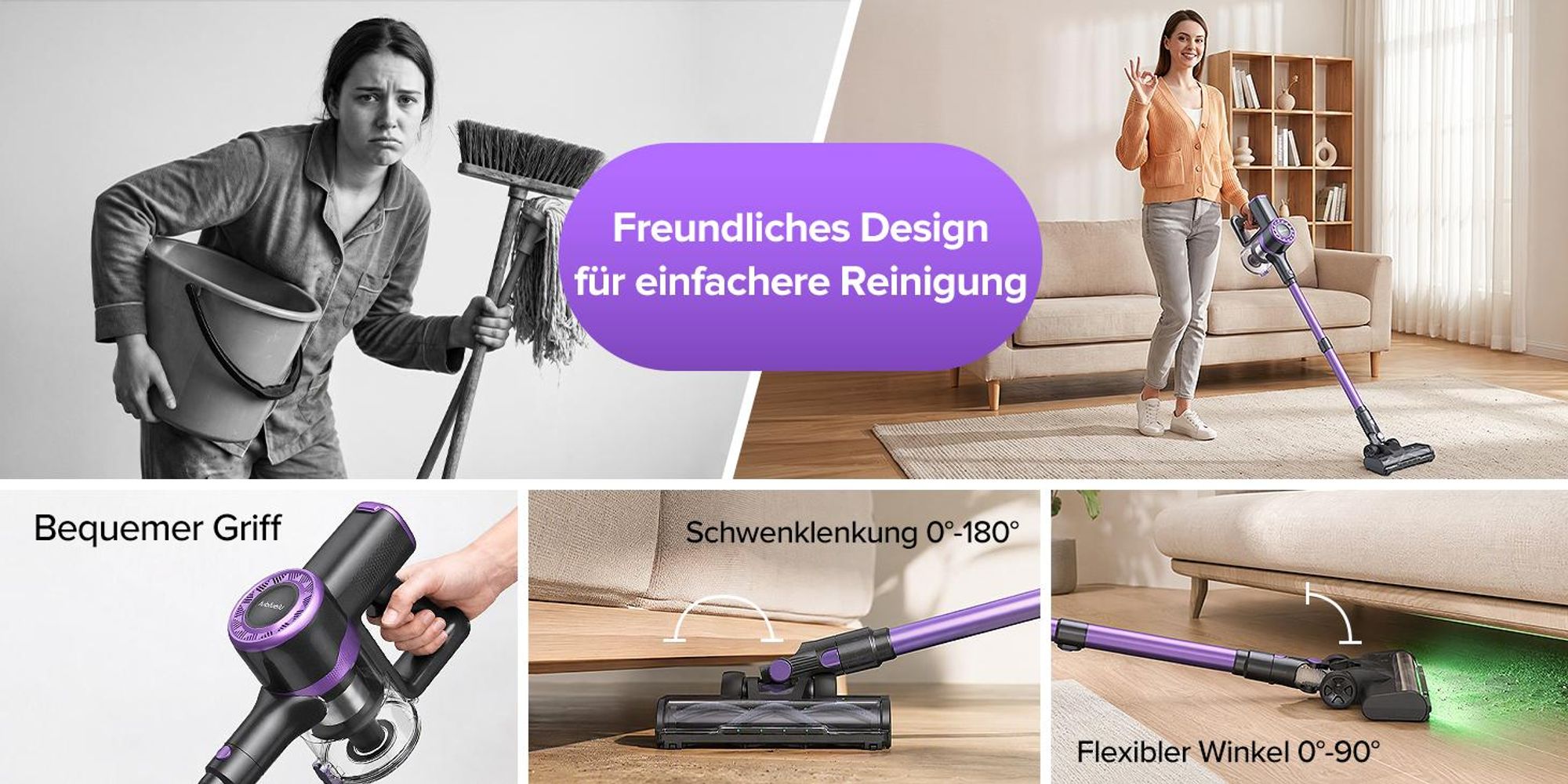Lubluelu P2 75000 Pa Akku-Staubsauger Saugleistung, Anti-Haar-Verwicklungsbürste, Grüne Beleuchtung, Freistehend, Teppiche & Hartböden