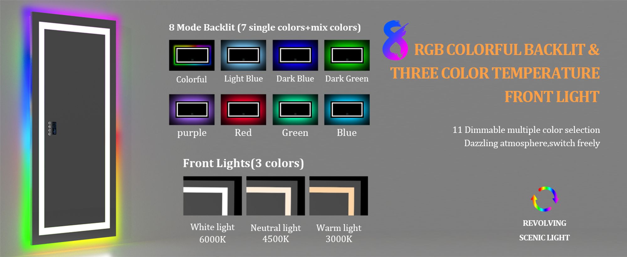 WISFOR LED Badspiegel mit Bluetooth Lautsprecher, 120×60cm RGB Wandspiegel Badezimmerspiegel mit Beleuchtung dimmbar Beschlagfrei Touchschalter