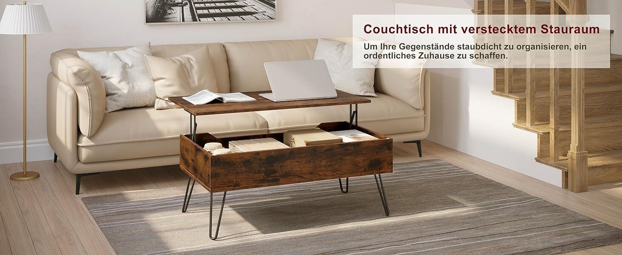 WOLTU Couchtisch, Kaffeetisch mit verstecktem Stauraum, Metallbeine, Rustikales Braun