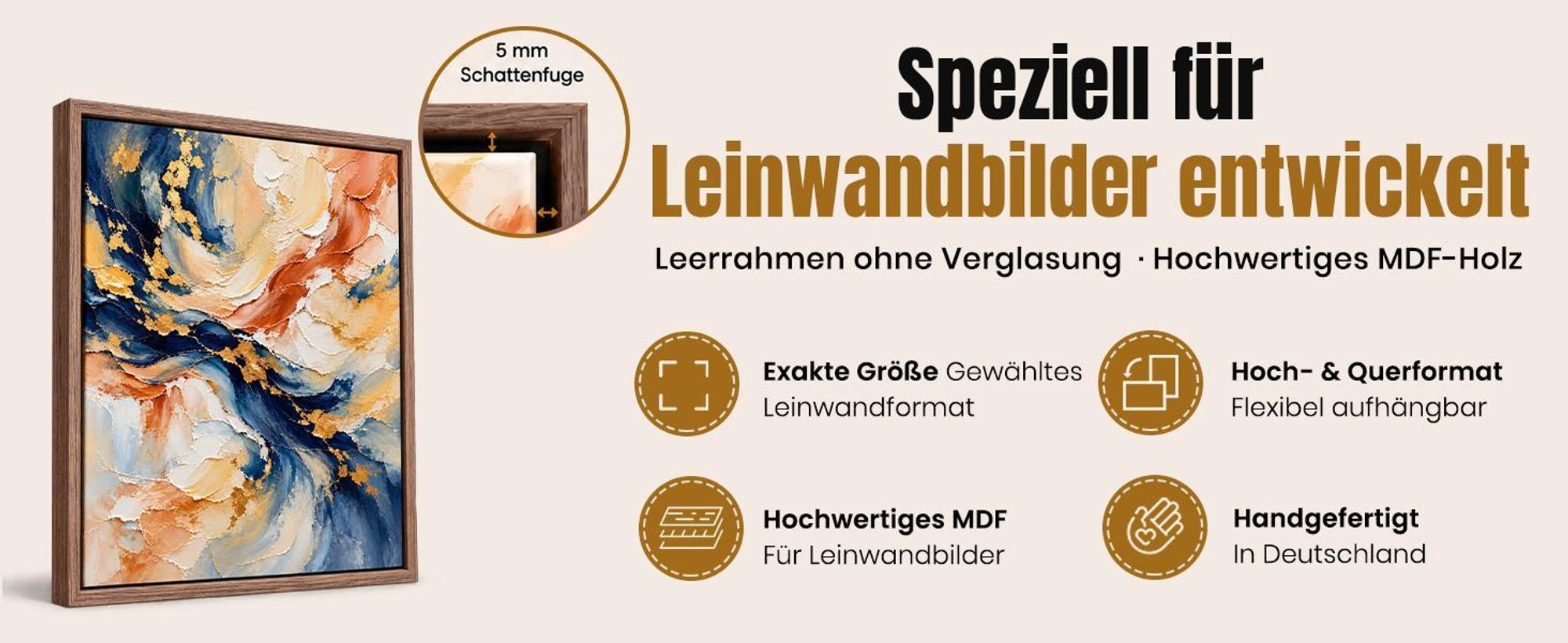 Monframe Schattenfugenrahmen XXL 80x100 cm - Sonoma Eiche - Leerrahmen mit Tiefeneffekt aus MDF Holz in zerlegter Form - für Leinwandbilder auf Keilrahmen