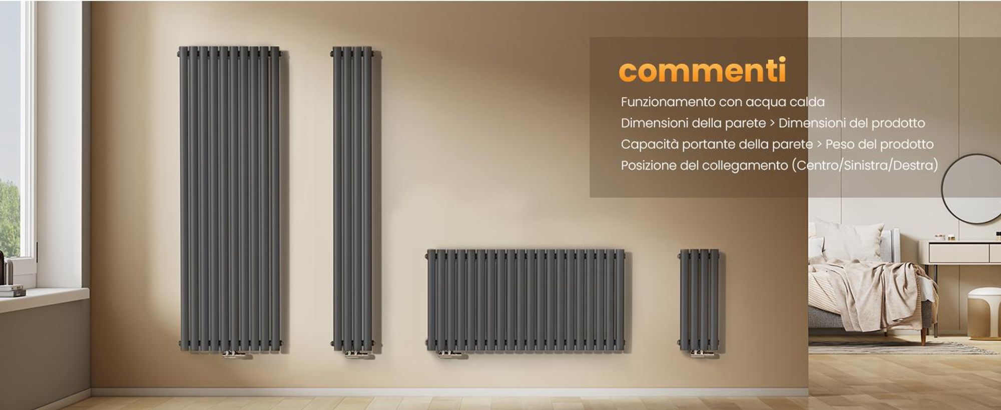 Radiatore tubolare di design EMKE per il funzionamento ad acqua calda Attacco medio Verticale Ovale monostrato 177 Watt 24cm x 60cm Antracite senza elemento riscaldante