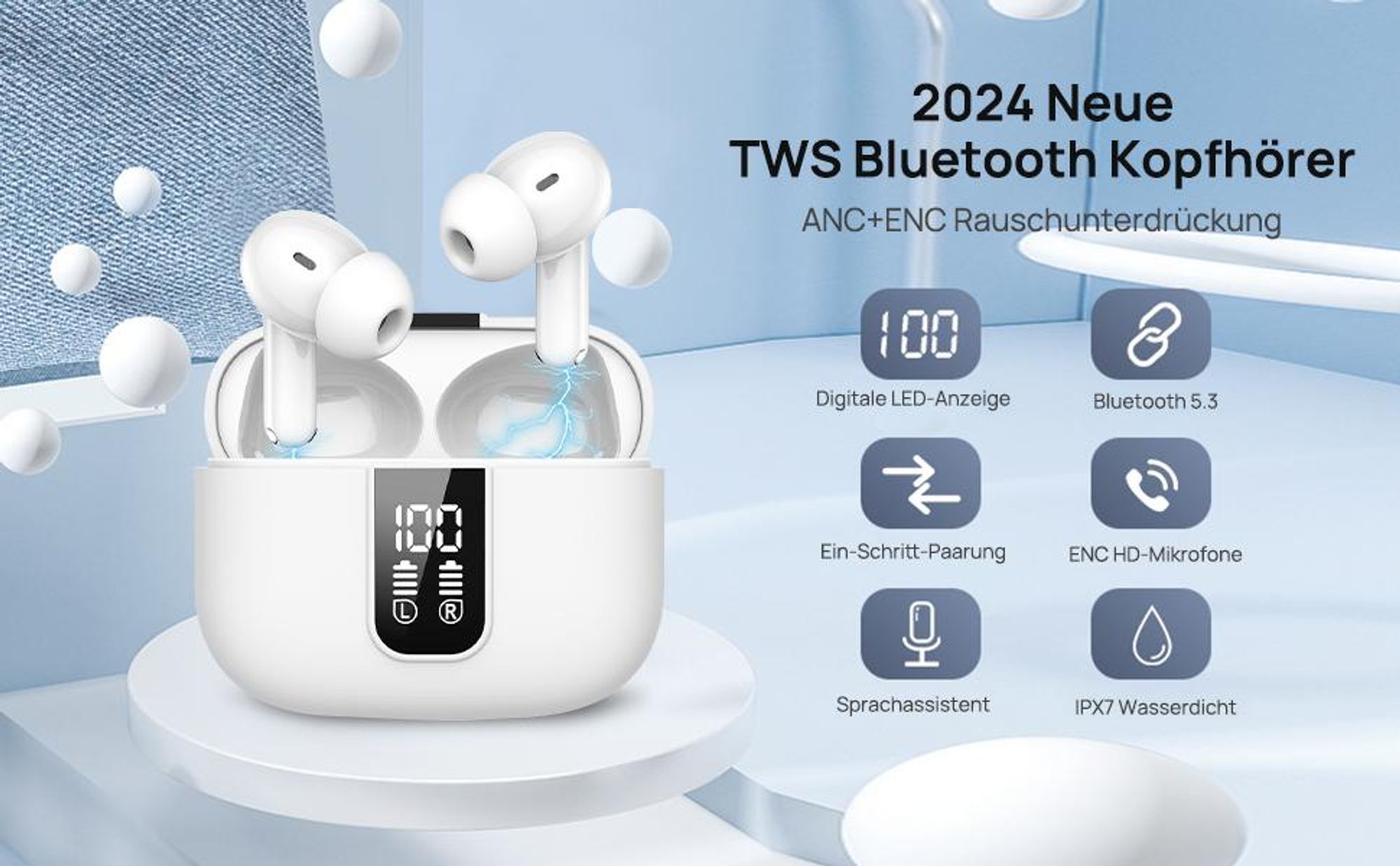 7MAGIC Bluetooth Kopfhörer, Kopfhörer Kabellos Bluetooth 5.3 In Ear Kopfhörer mit 4 ENC Noise Cancelling Mic, IPX7 Wasserdicht Ohrhörer LED Anzeige USB-C für Sport und Arbeit, Weiß