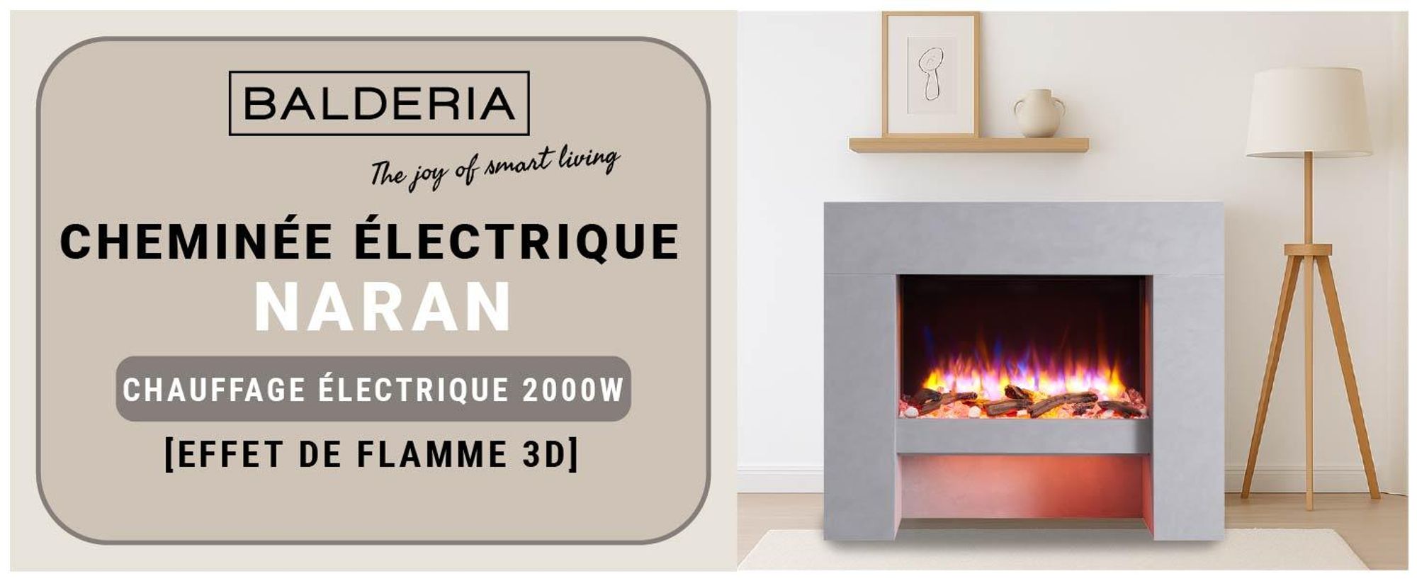 Cheminée électrique sur pied BALDERIA Naran – Puissance de chauffage jusqu'à 2 000 W, aspect béton