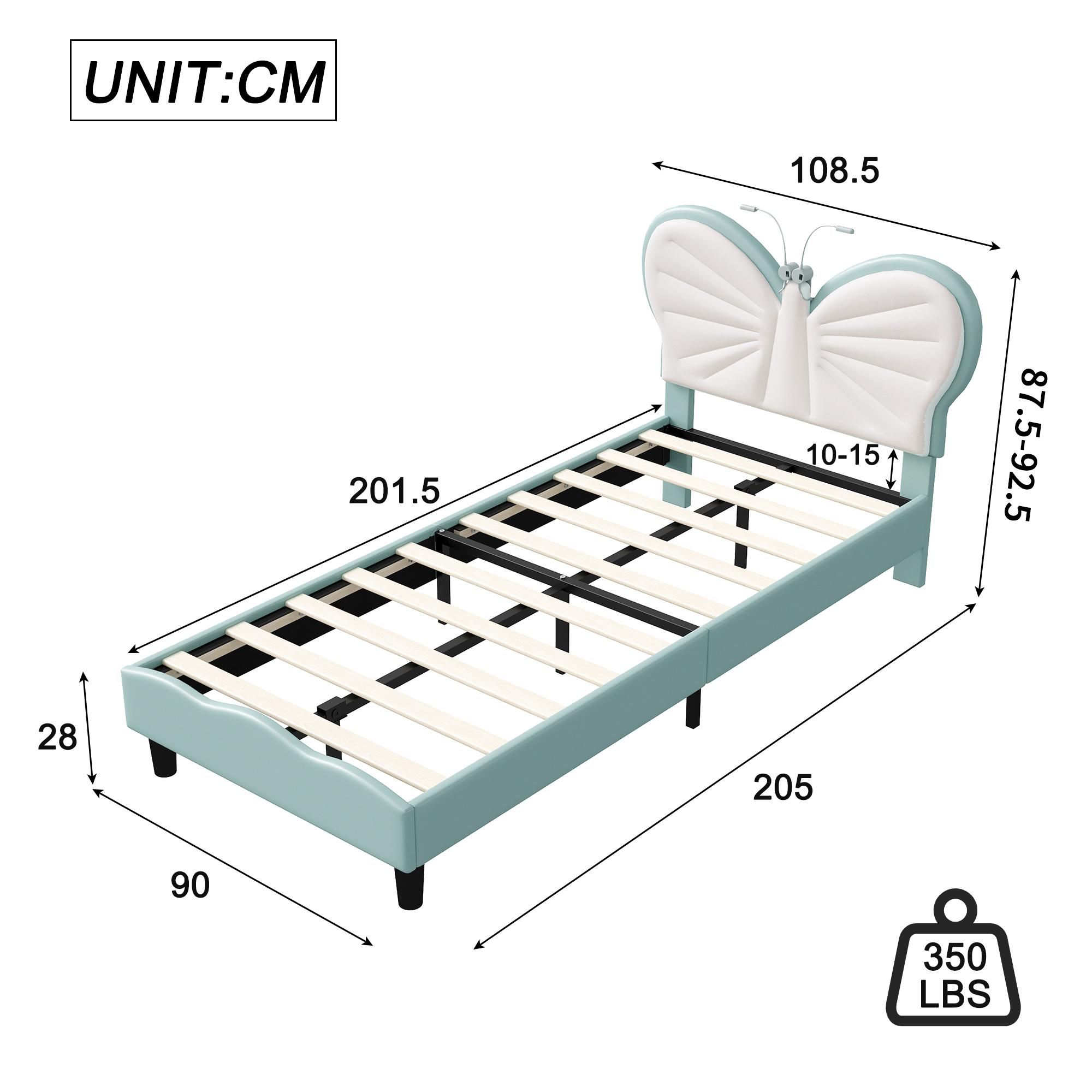 Kinderbett Polsterbett 90x200cm, Einzelbett Bettgestell mit LED-Leselampe, verstellbarem Kopfteil, Jugendbett für Jungen & Mädchen, Samt, ohne Matratze, Blau