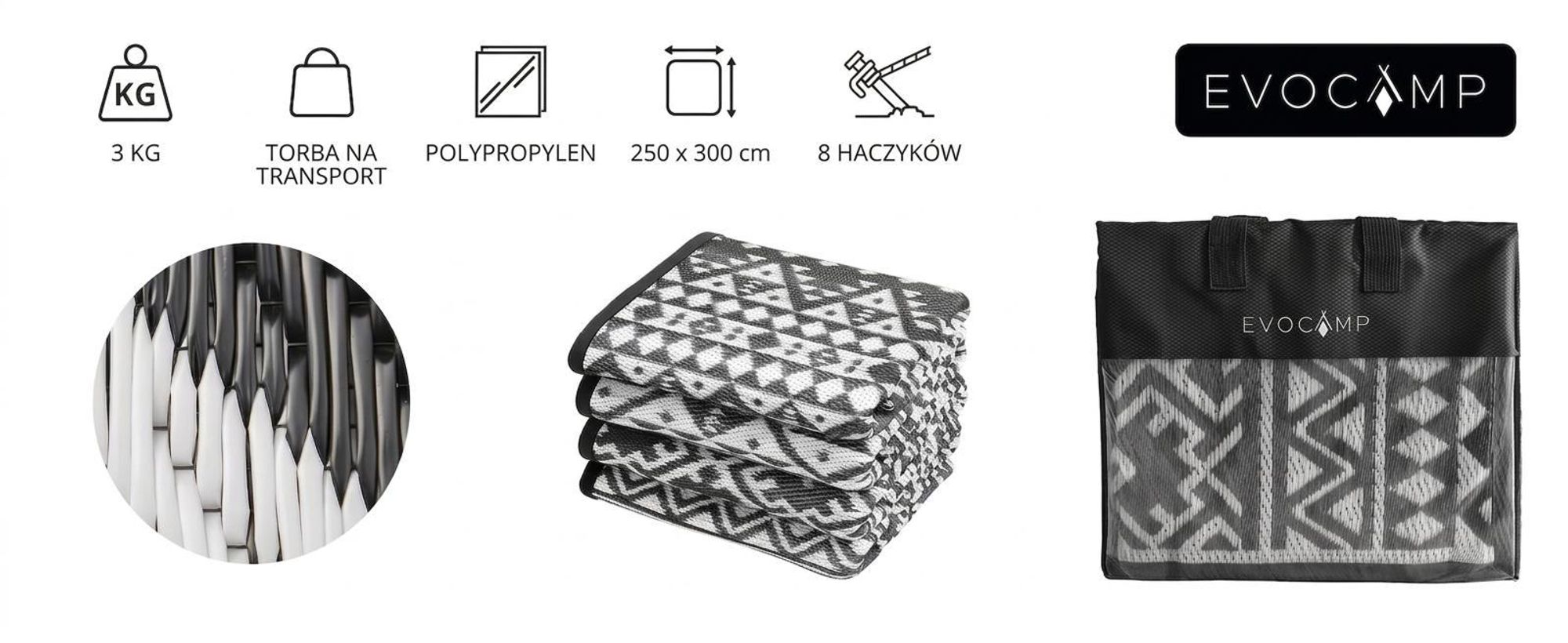 Zawartość zestawu: dywan, torba i 8 haczyków.