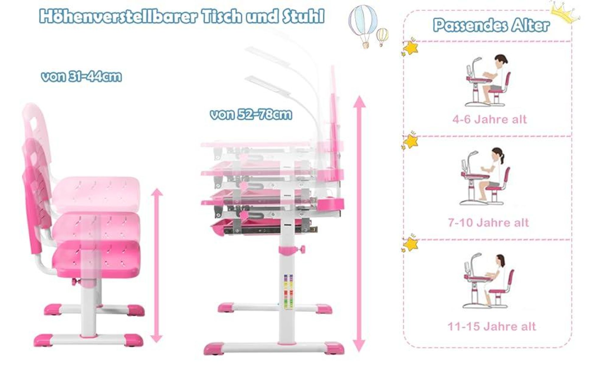 COSTWAY Kinderschreibtisch Set mit Bücherständer& LED-Licht, höhenverstellbarer Kindertisch und Stuhl mit gekippter Tischplatte&Schublade, Kinder Schreibtischfür Jungs & Mädchen (Rosa)