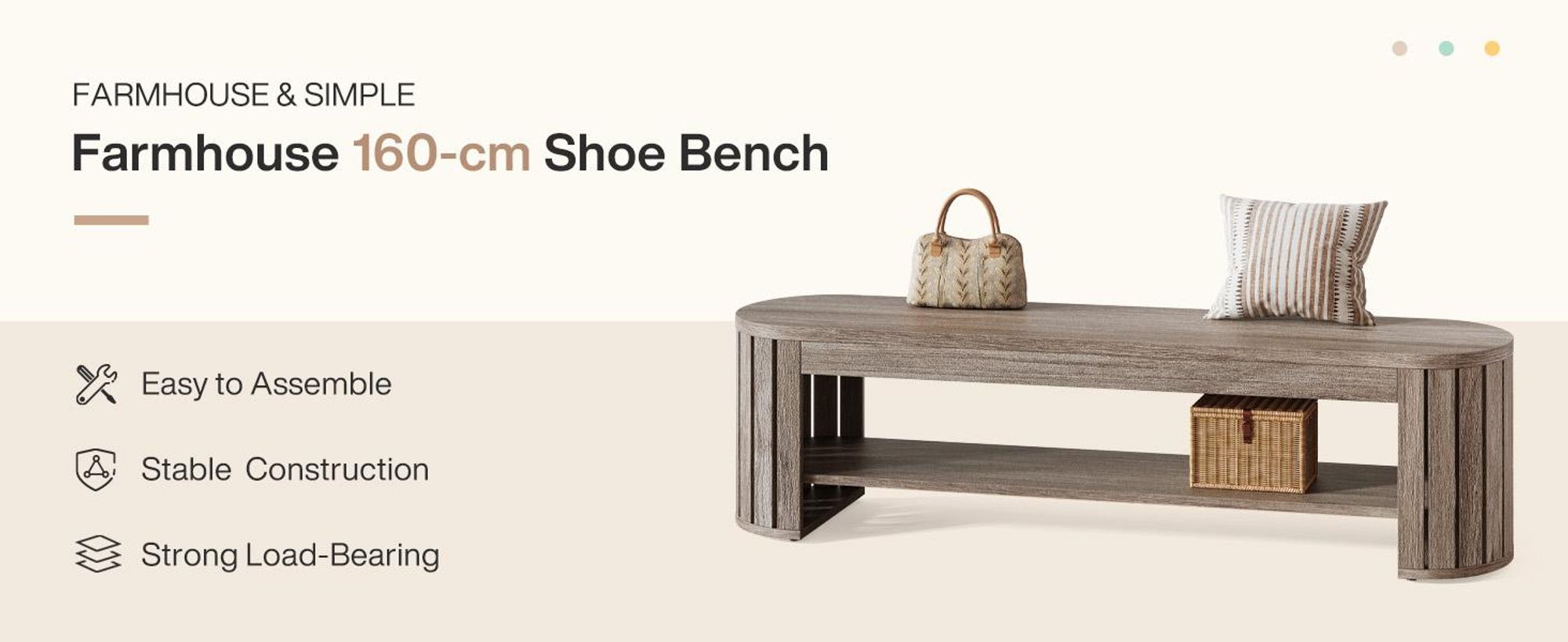 Tribesigns Schuhbank 160 cm, Sitzbank mit Schuhablage, Garderobenbank in Holz-Optik, Lange Bettbank mit Lamellen-Beinen, Flurbank 2-stufig, Beigegrau