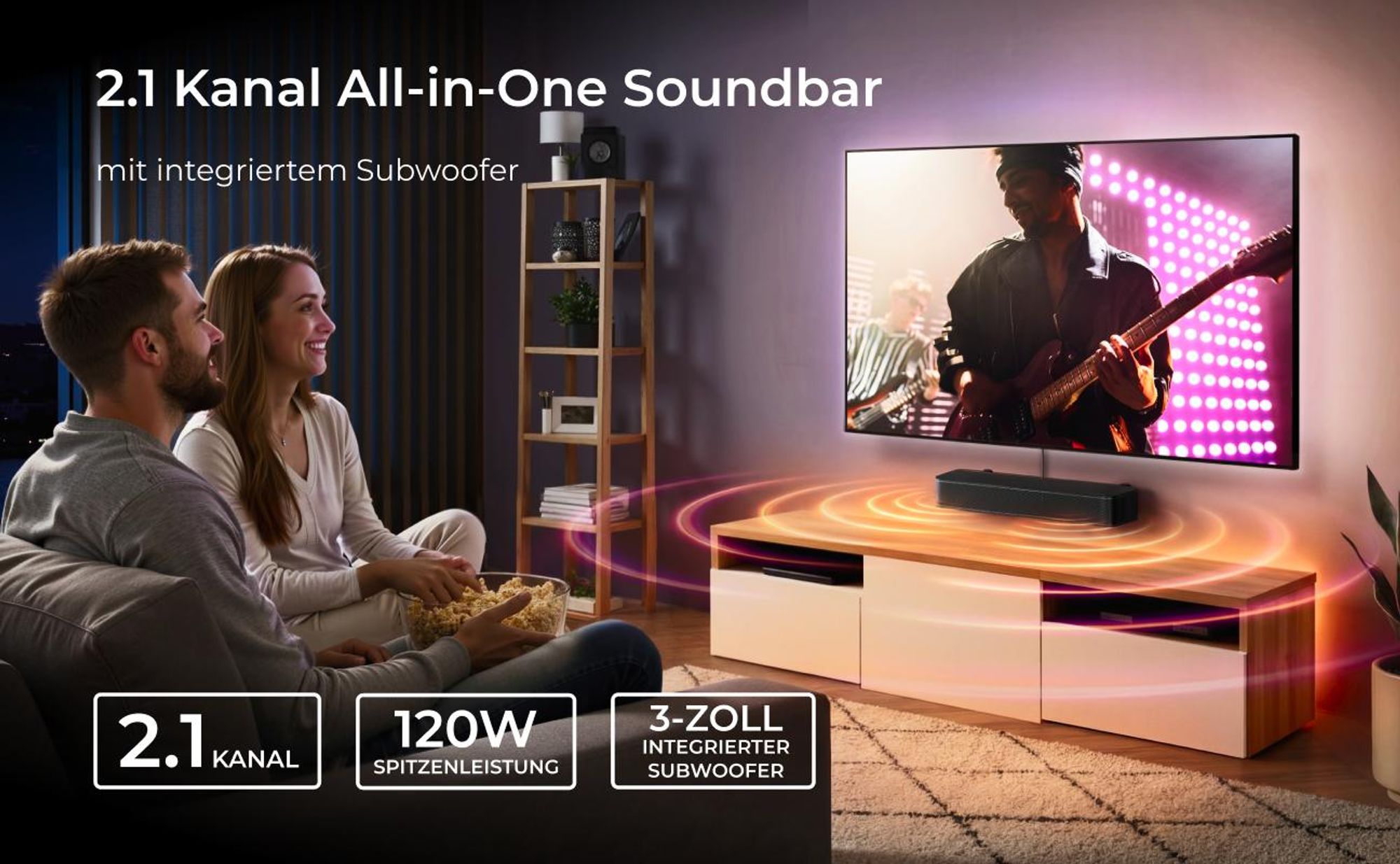 ULTIMEA 2.1 Kanal Soundbar für TV mit verstellbarem Bass, APP-Steuerung, All-in-One Soundbar, TV-Lautsprecher Bluetooth 5.4, Poseidon M20