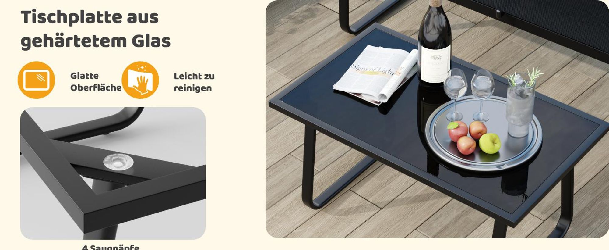 Mondeer Gartenmöbel Set 4-tlg Sitzgruppe Balkon Terrasse mit Mesh-Gewebe & Holz-Kunststoff-Armlehnen Schwarz