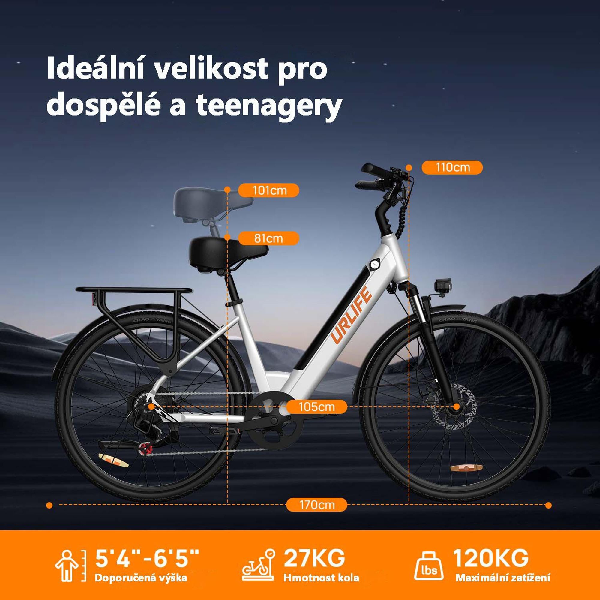 Elektrokolo URLIFE E26 - Motor 250W Baterie 48V10.4Ah 26palcové pneumatiky Kotoučové brzdy - Černé