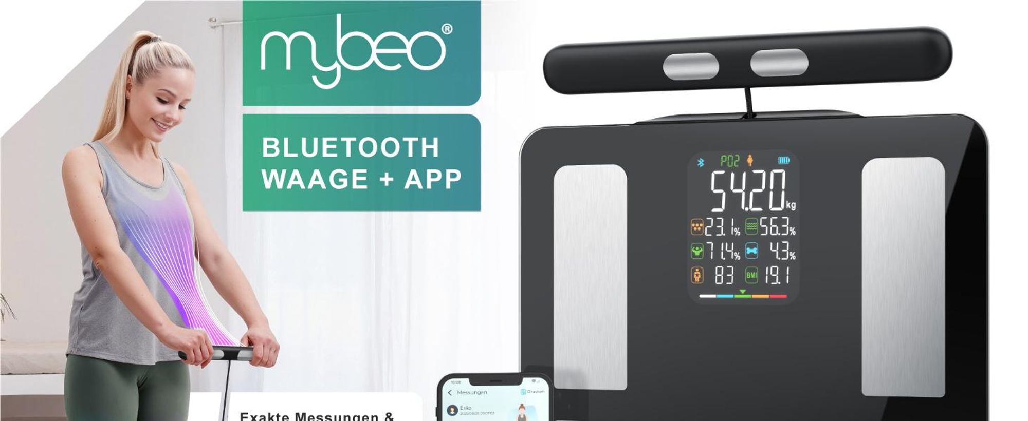 MyBeo Bluetooth Körperanalysewaage mit App, Messung über Fuß- und Handsensoren