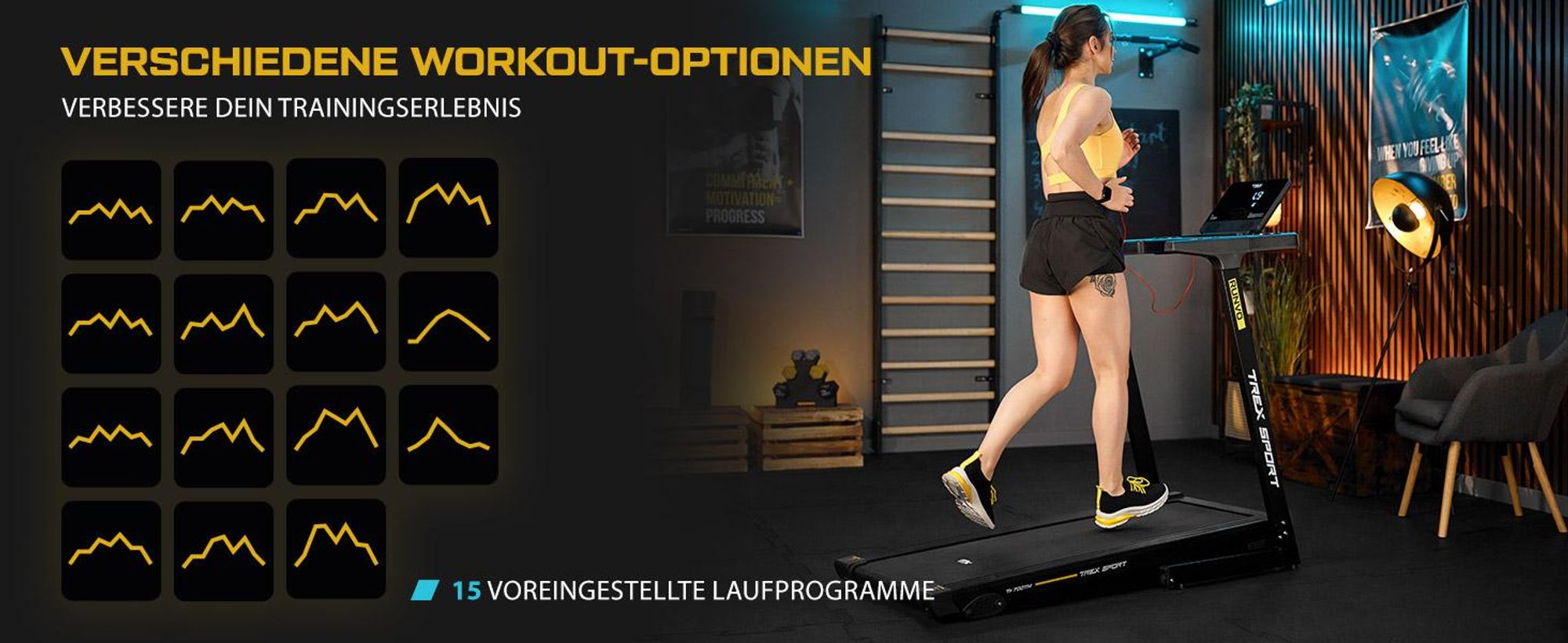 TREX SPORT Laufband für zuhause klappbar elektrisch TX-700TM RUNVO | Treadmill mit LCD-Display, Bluetooth, bis 16 km/h, 15 Programme, 2 PS, bis 120kg
