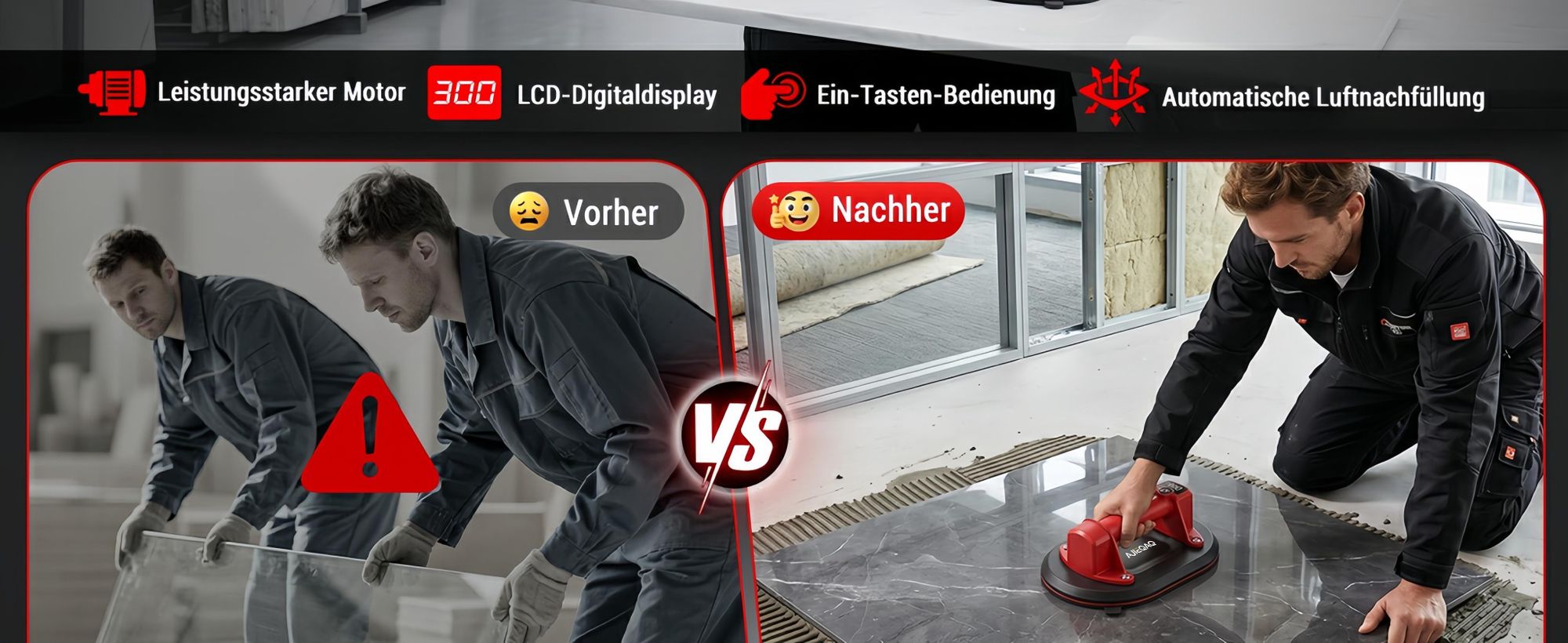 Akku Saugheber 300 kg, 10 Zoll Elektrischer Vakuumheber mit Digitalanzeige & Auto-Nachsaugen, für Fliesen, Glas & Stein